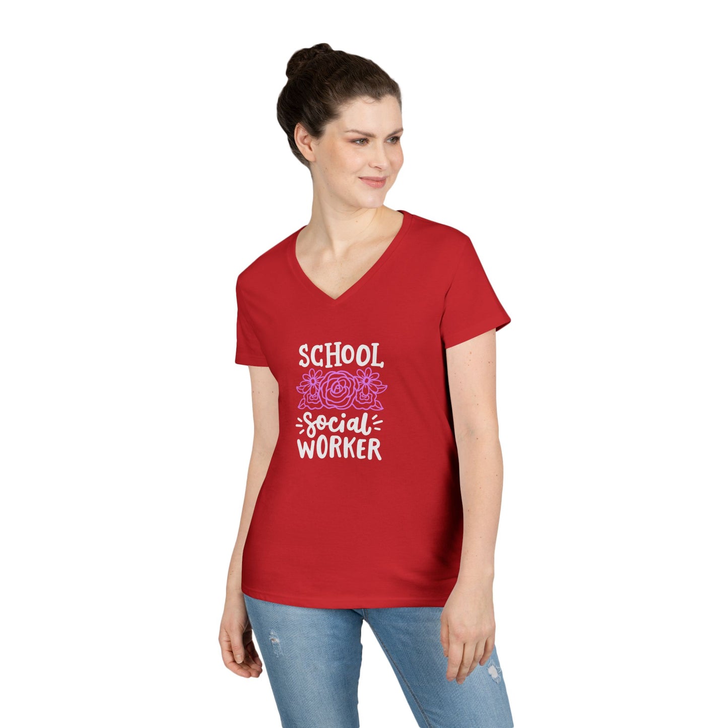 School Social Worker Ladies' V-Neck T-Shirt — Pink Floral Appreciation Gift