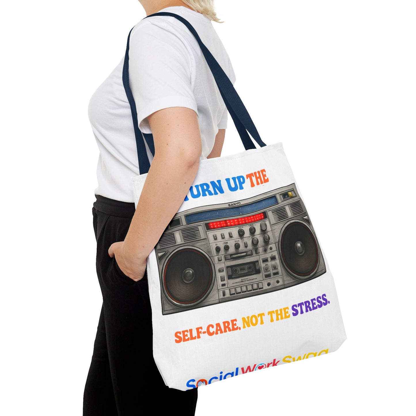 Turn Up the Self-Care Tote Bag — Retro Boombox 'Self-Care, Not the Stress' (Mental Health/Social Worker)