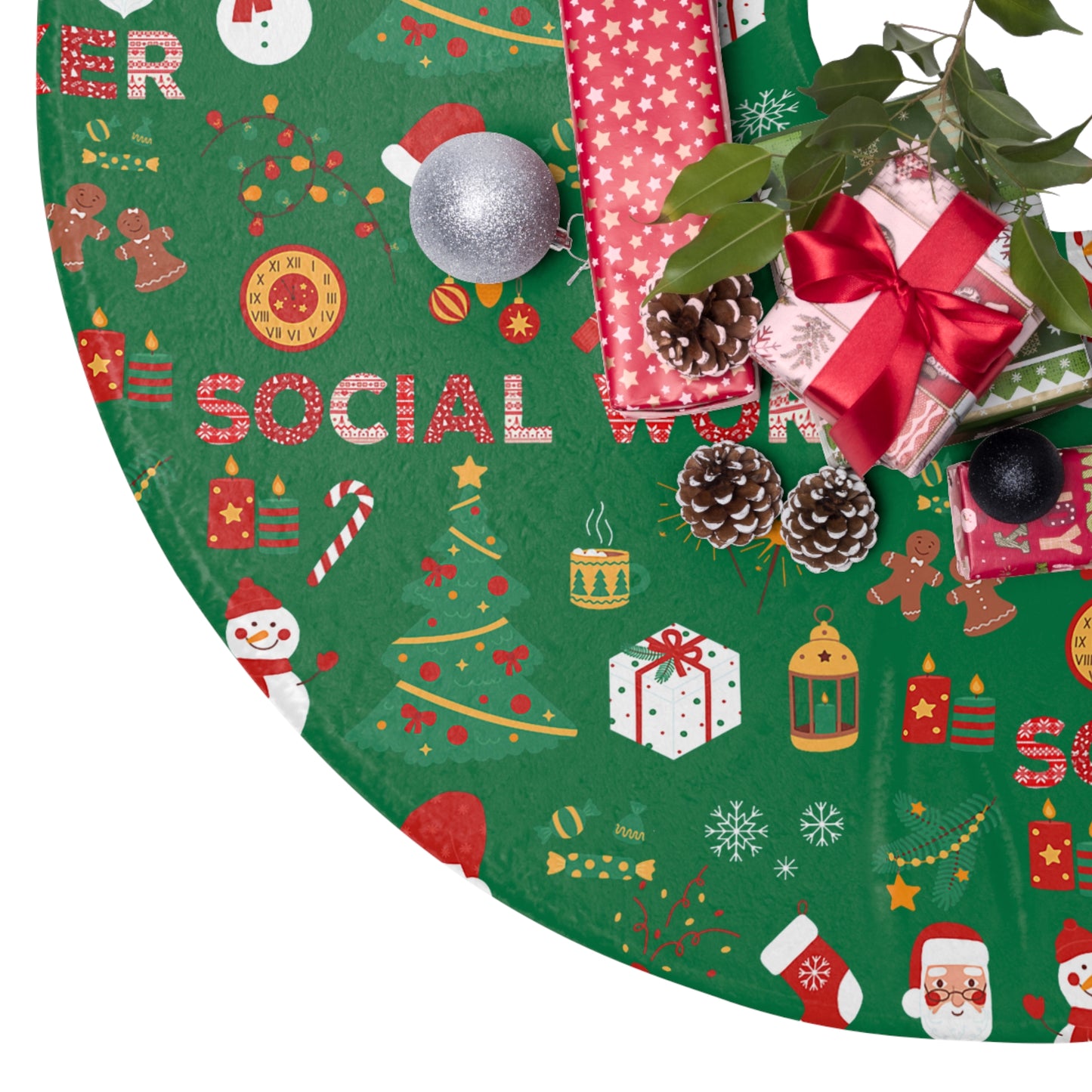 Social Worker Christmas Tree Skirt – Festive Green Holiday Tree Skirt with Santa & Gifts Pattern