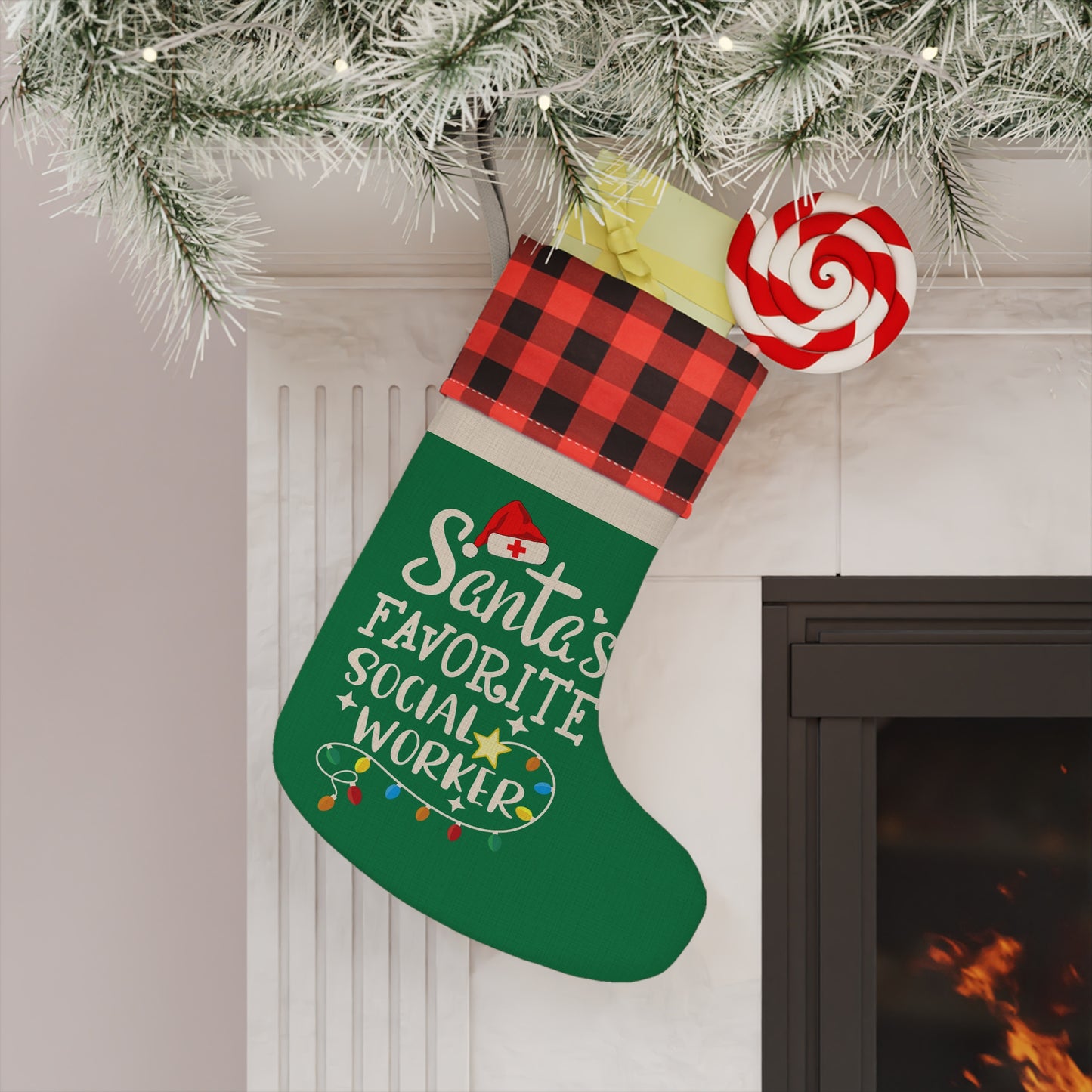 Christmas Stocking - "Santa's Favorite Social Worker" Plaid Cuff Holiday Stocking - Medical Social Work
