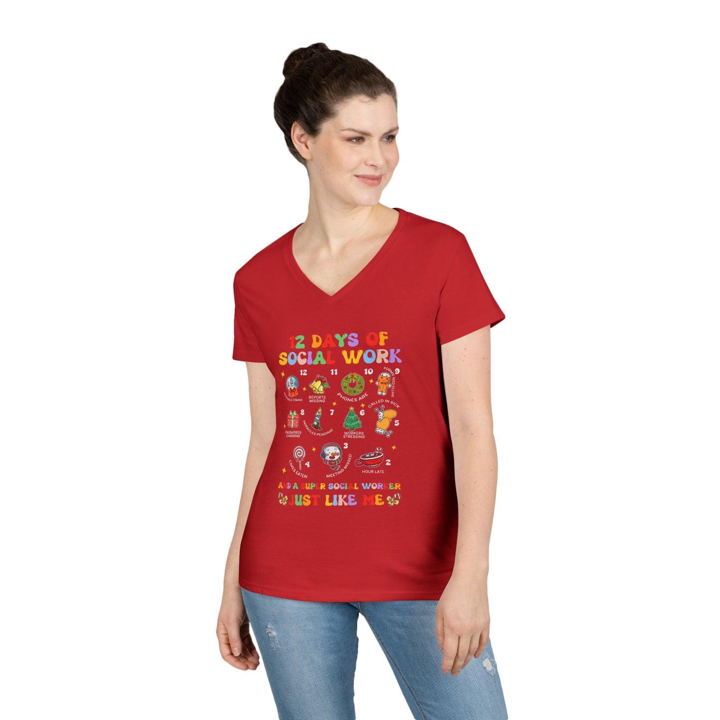 Ladies' V-Neck T-Shirt — "12 Days of Social Work" Holiday Graphic Tee