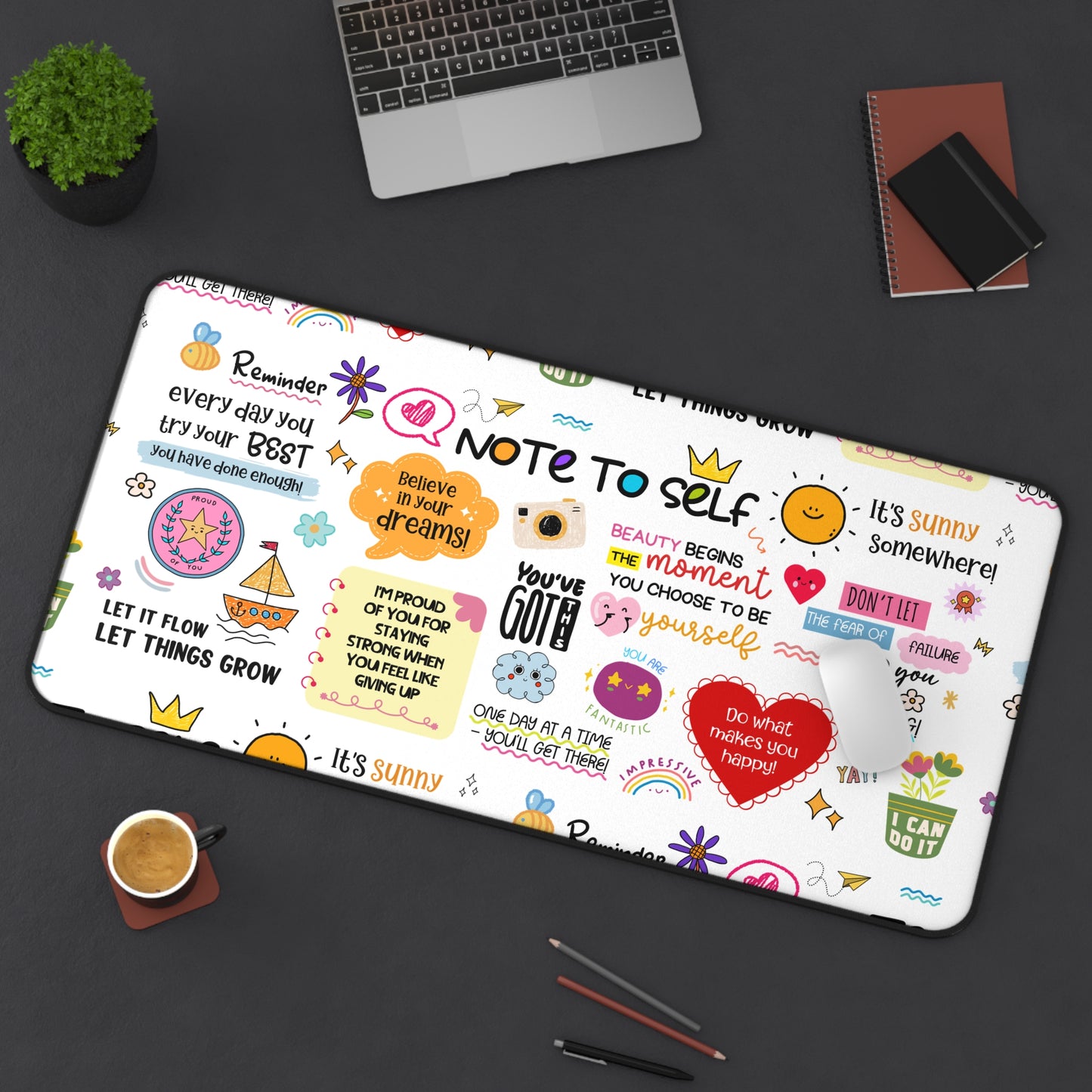 Inspirational Notes Desk Mat — Colorful Motivational Workspace Pad (Mental Health/Social Worker)