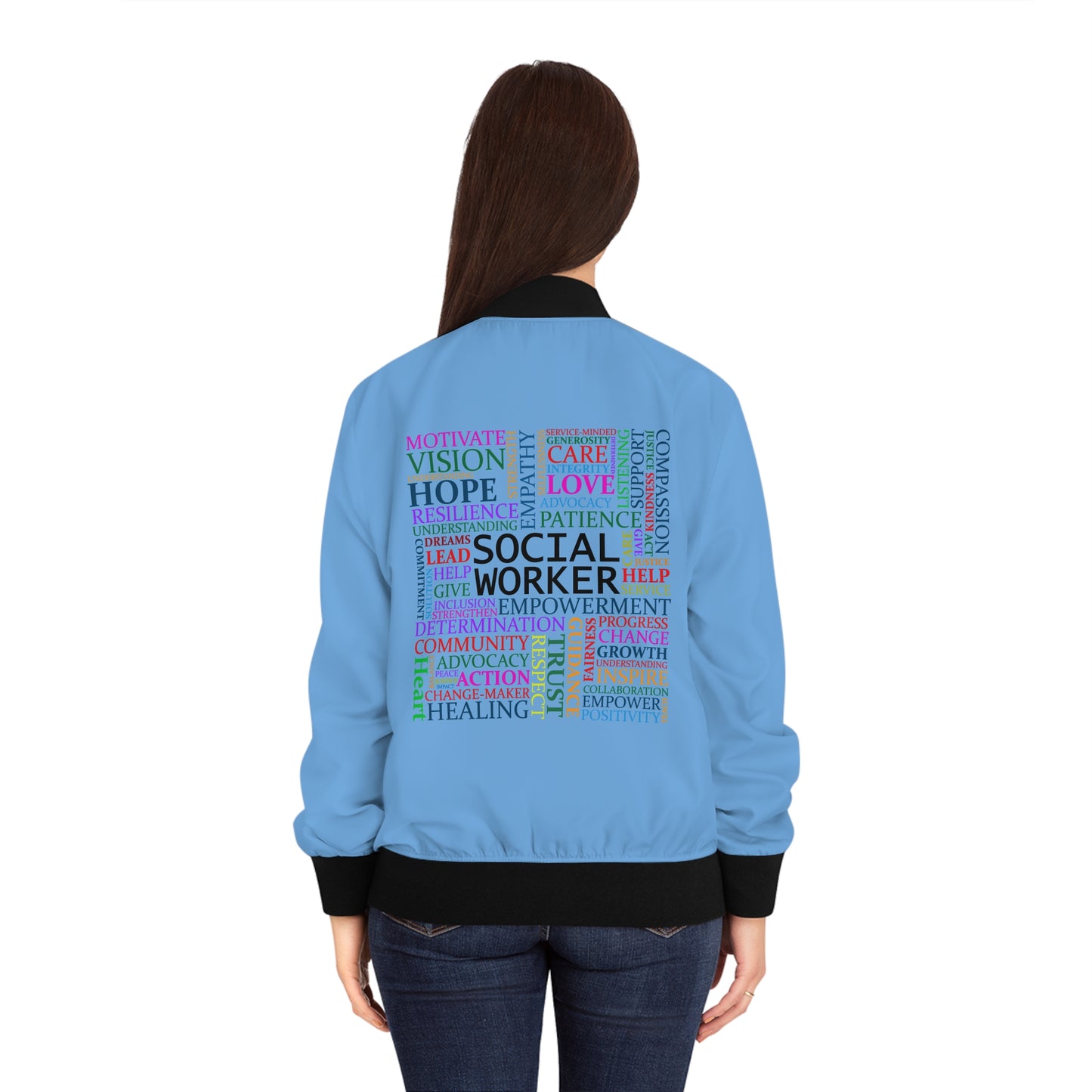 Social Worker Word Cloud Bomber Jacket (Light Blue)