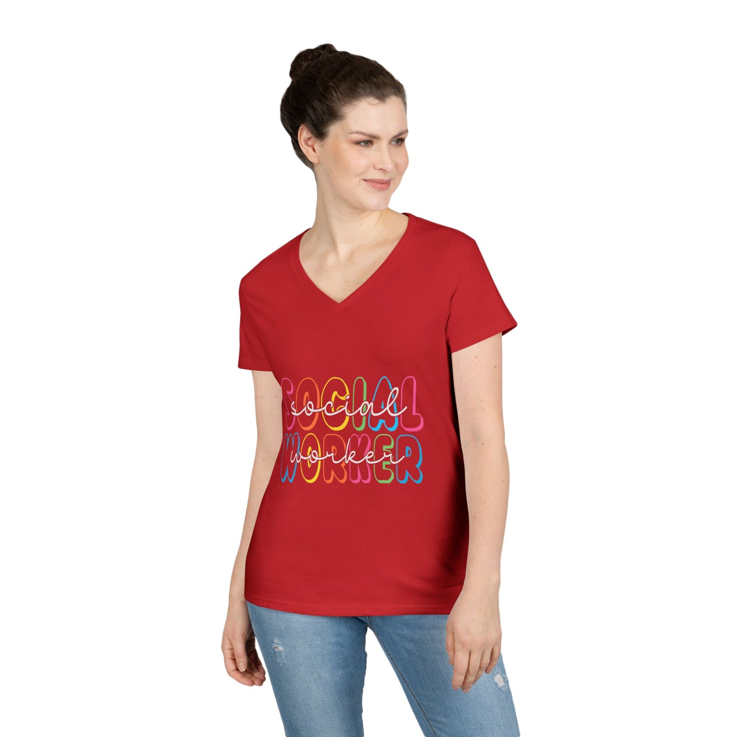 Social Worker V-Neck T-Shirt — Colorful Retro Script Women’s Tee