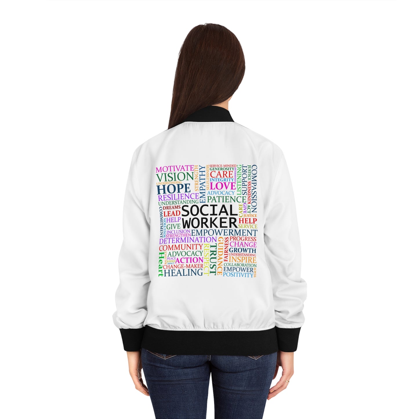 Social Worker Word Cloud Bomber Jacket (White)