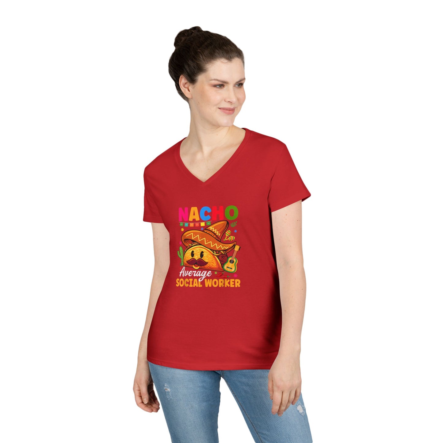 Ladies' V-Neck T-Shirt — "Nacho Average Social Worker" Funny Mexican Food Graphic Tee