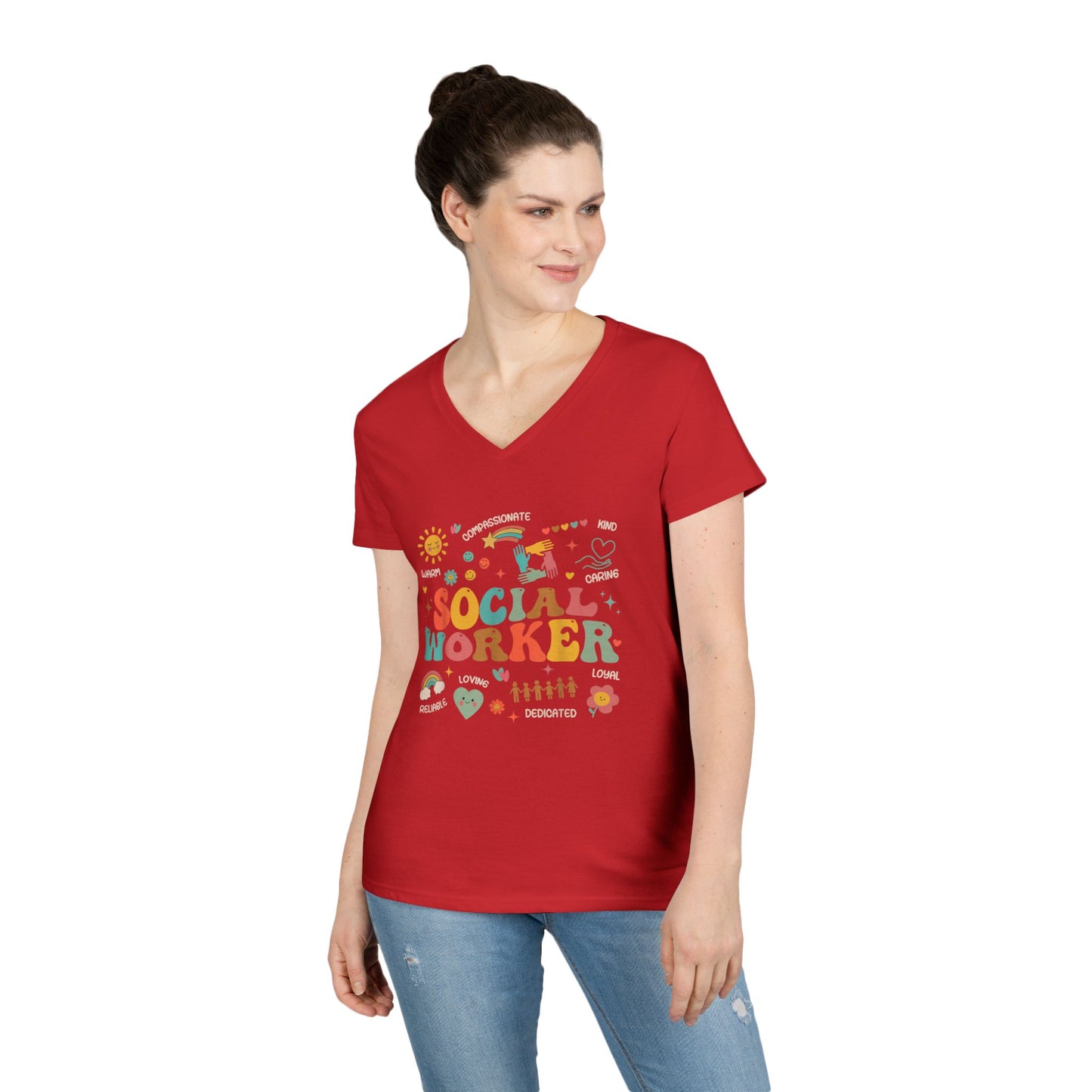 Ladies' V-Neck T-Shirt — Colorful 'October' Retro Fall Graphic Tee - Social Worker