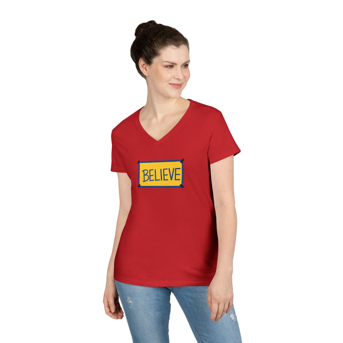 Believe Ladies' V-Neck Tee — Inspirational Graphic T-Shirt for Women (Social Worker/Mental Health)