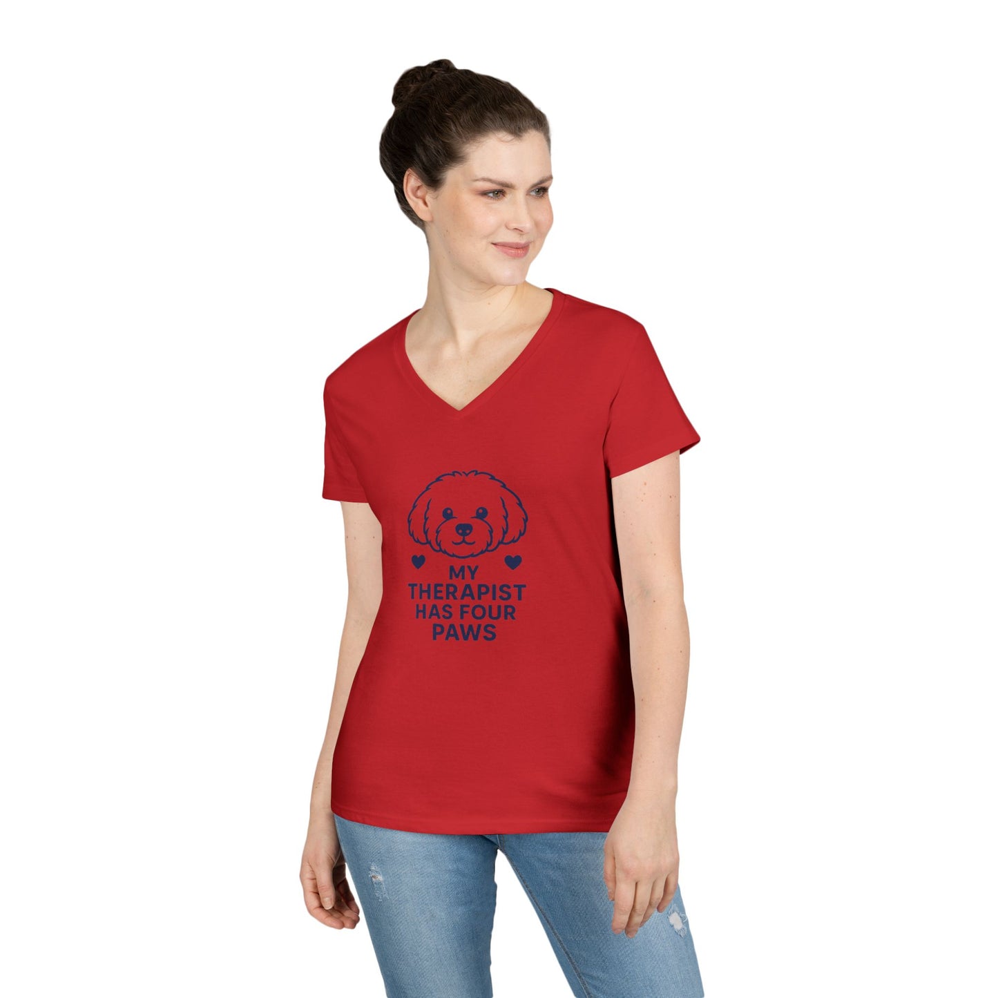 Dog Lover V-Neck Pet Tee — “My Therapist Has Four Paws” Women’s T‑Shirt