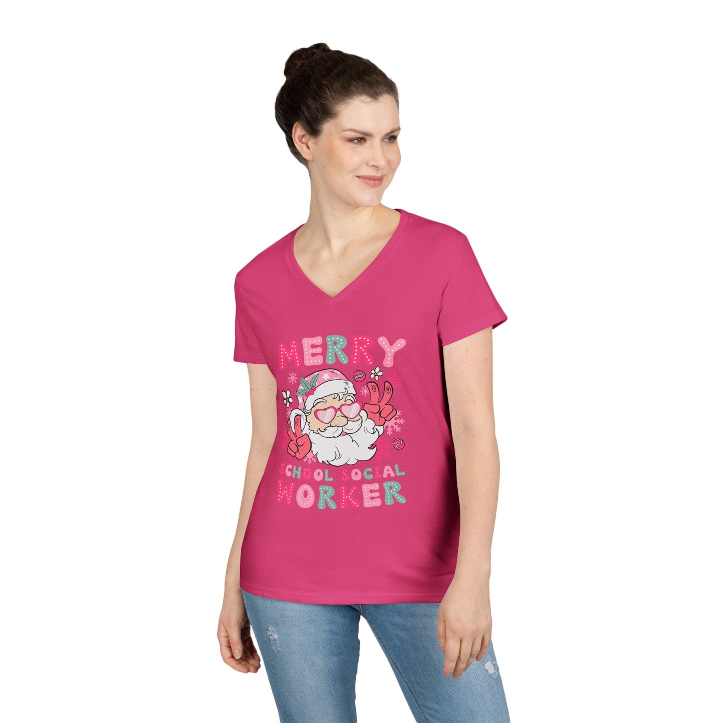 Merry School Social Worker V-Neck Tee — Cute Santa Holiday Shirt for Female Educators