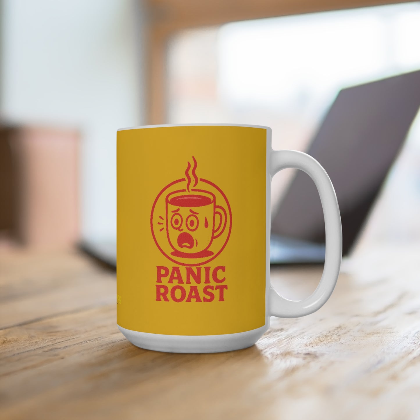 Panic Roast Coffee Mug — Funny Yellow 15oz Ceramic Mug for Social Workers (Matches Coffee!)