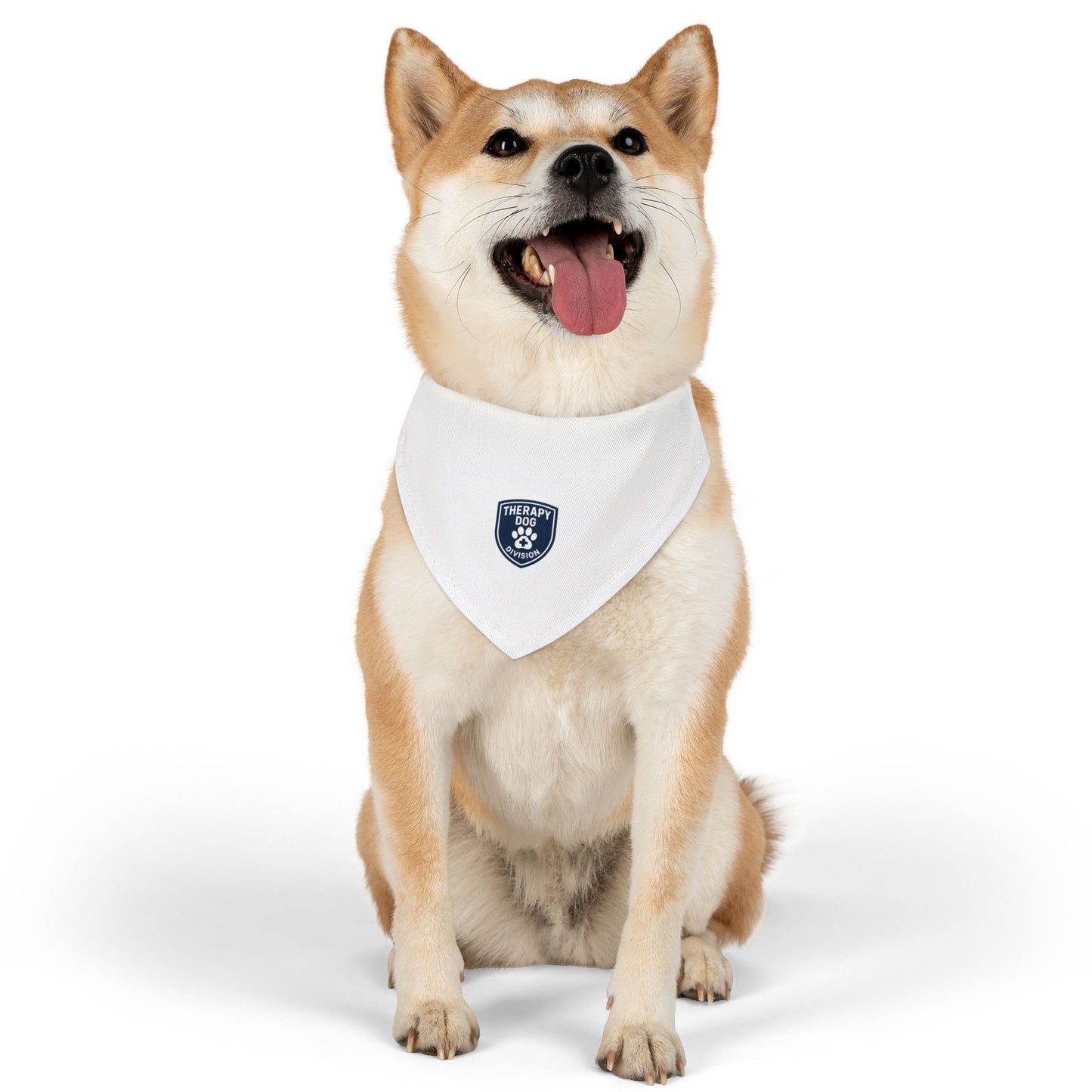 Therapy Dog Bandana Collar — White Pet Bandana with Shield Patch