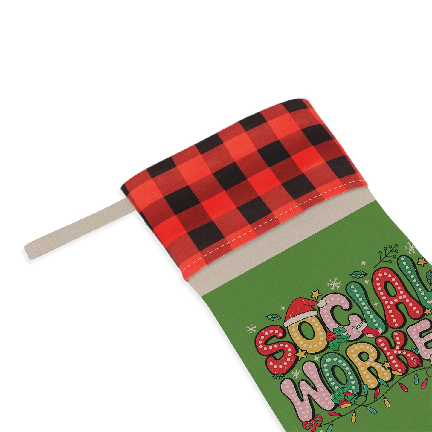Social Worker Christmas Stocking — Green Buffalo Plaid Holiday Stocking