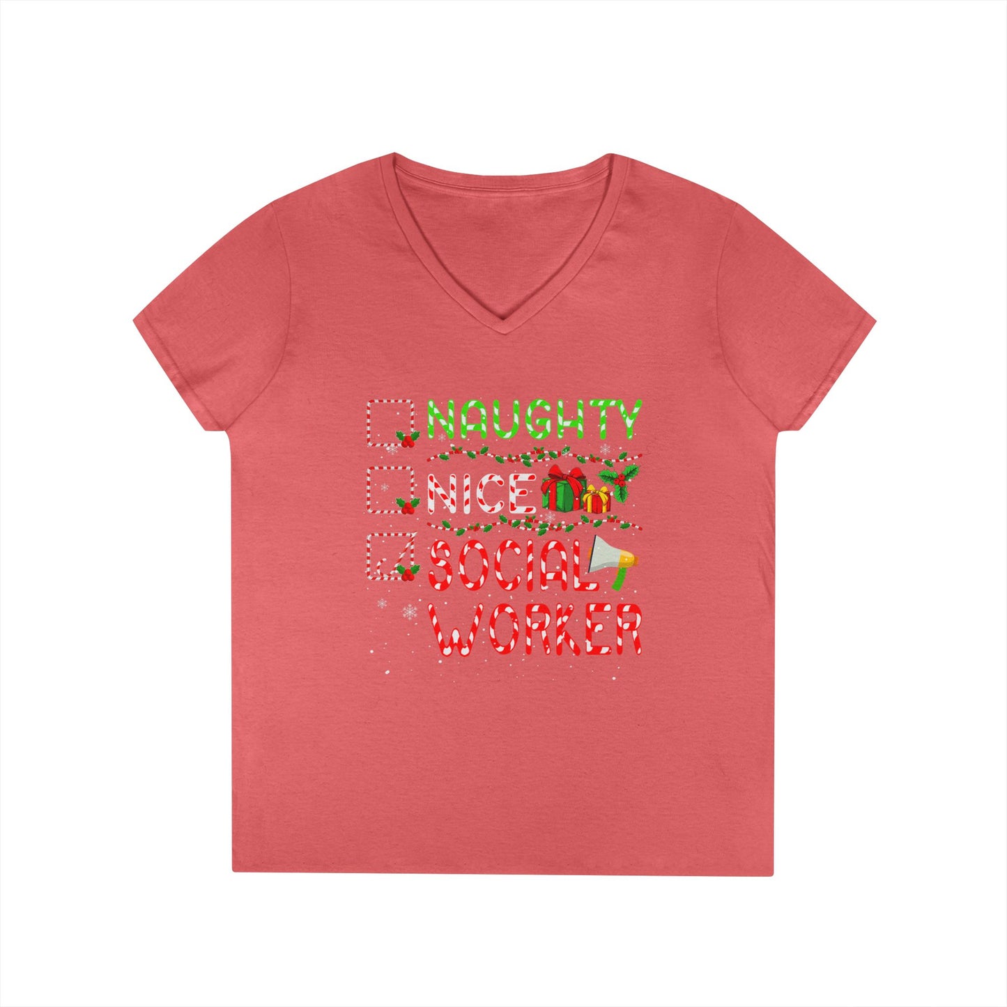 Social Worker Christmas V-Neck T-Shirt — Naughty Nice Social Worker Holiday Tee