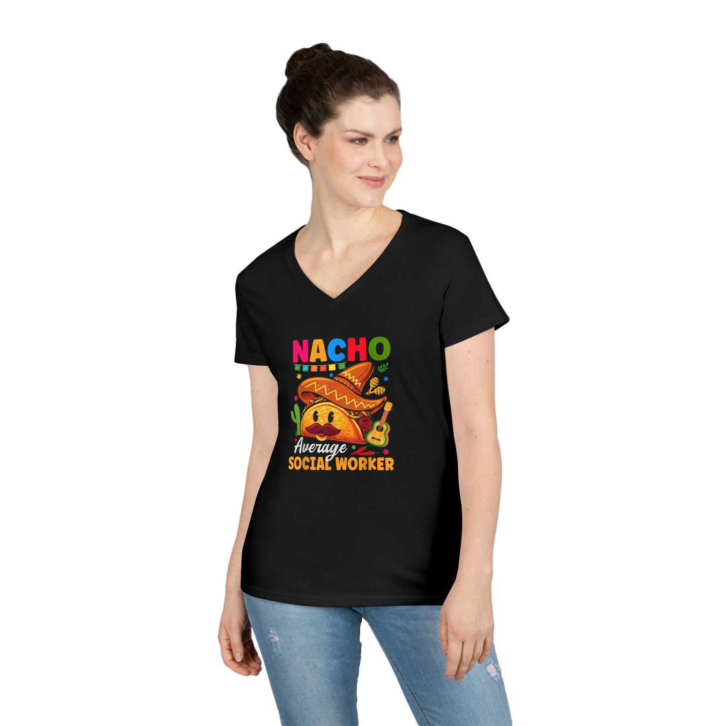 Ladies' V-Neck T-Shirt — "Nacho Average Social Worker" Funny Mexican Food Graphic Tee
