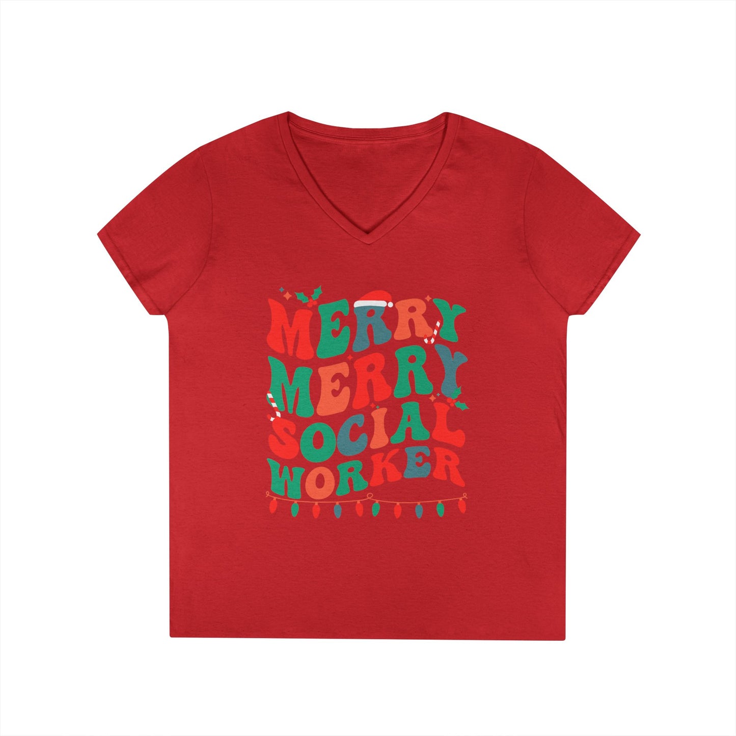 Merry Merry Social Worker V-Neck Tee — Holiday Christmas Shirt for Social Workers