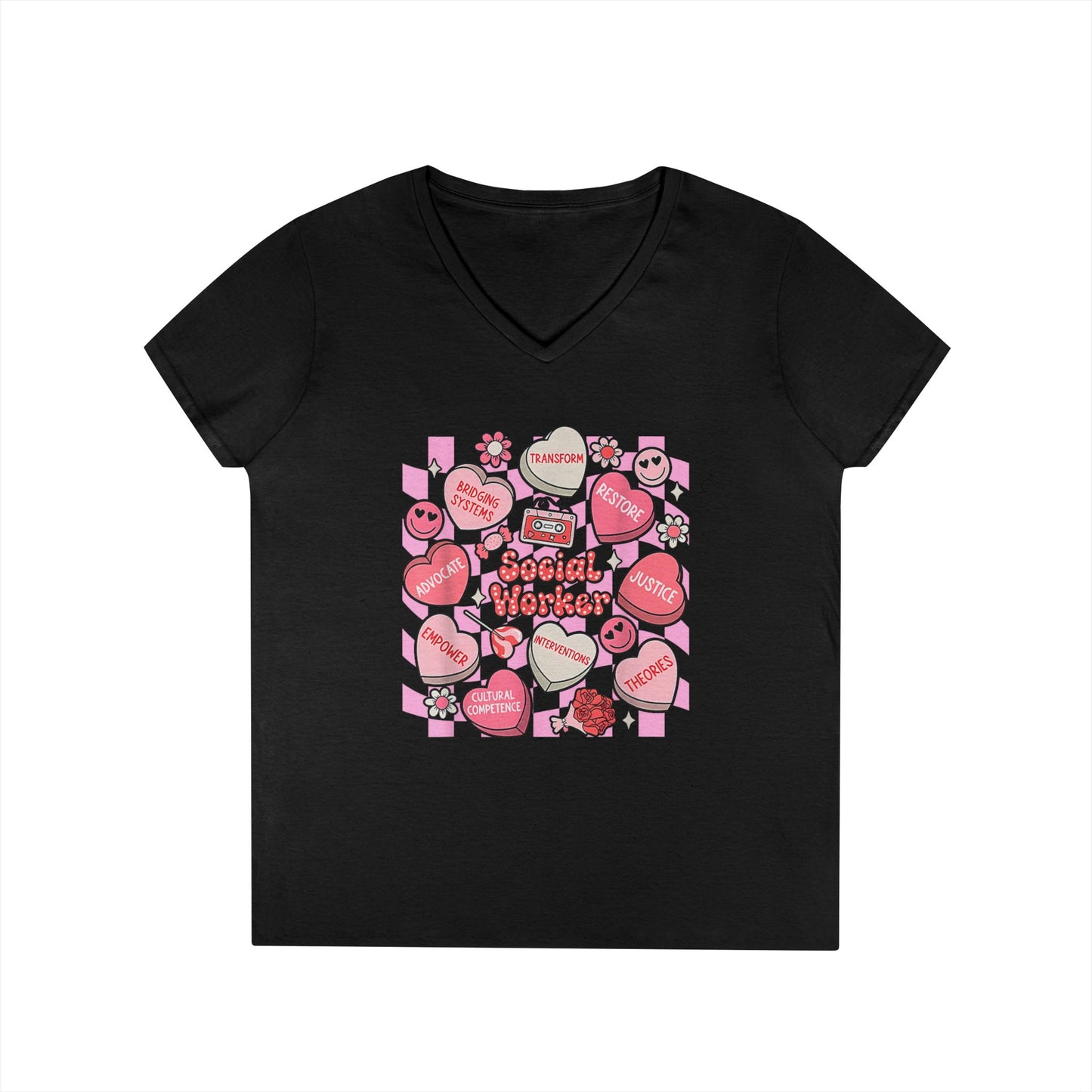 Valentine Candy Hearts Ladies' V-Neck T-Shirt — Sweetheart Messages Graphic Tee - Social Worker