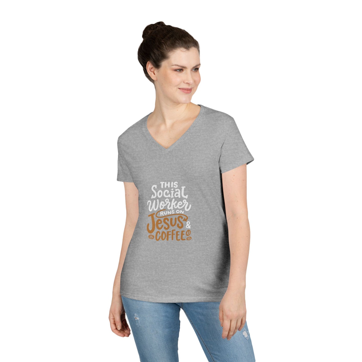 Ladies' V-Neck T-Shirt — "This Social Worker Runs on Jesus & Coffee" Christian Social Worker Tee
