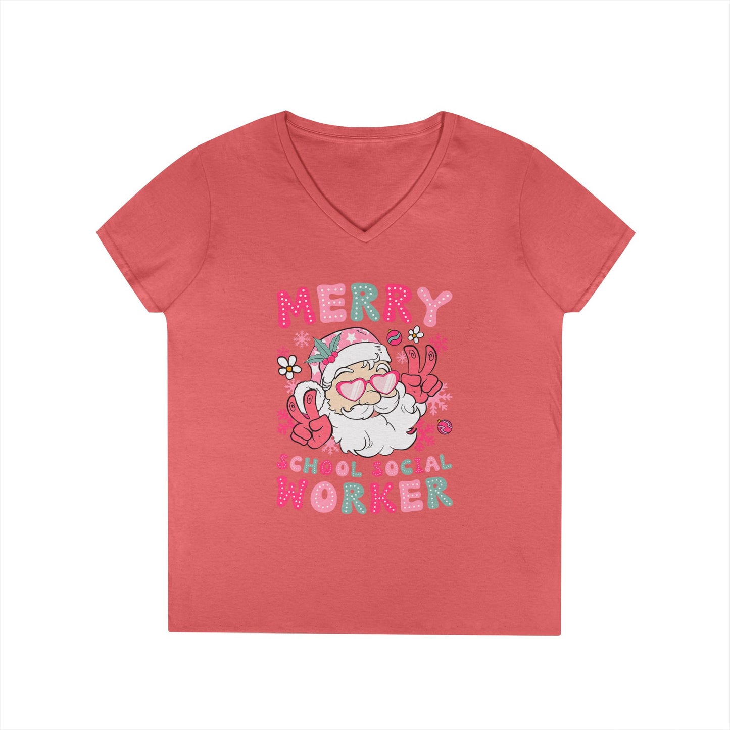 Merry School Social Worker V-Neck Tee — Cute Santa Holiday Shirt for Female Educators