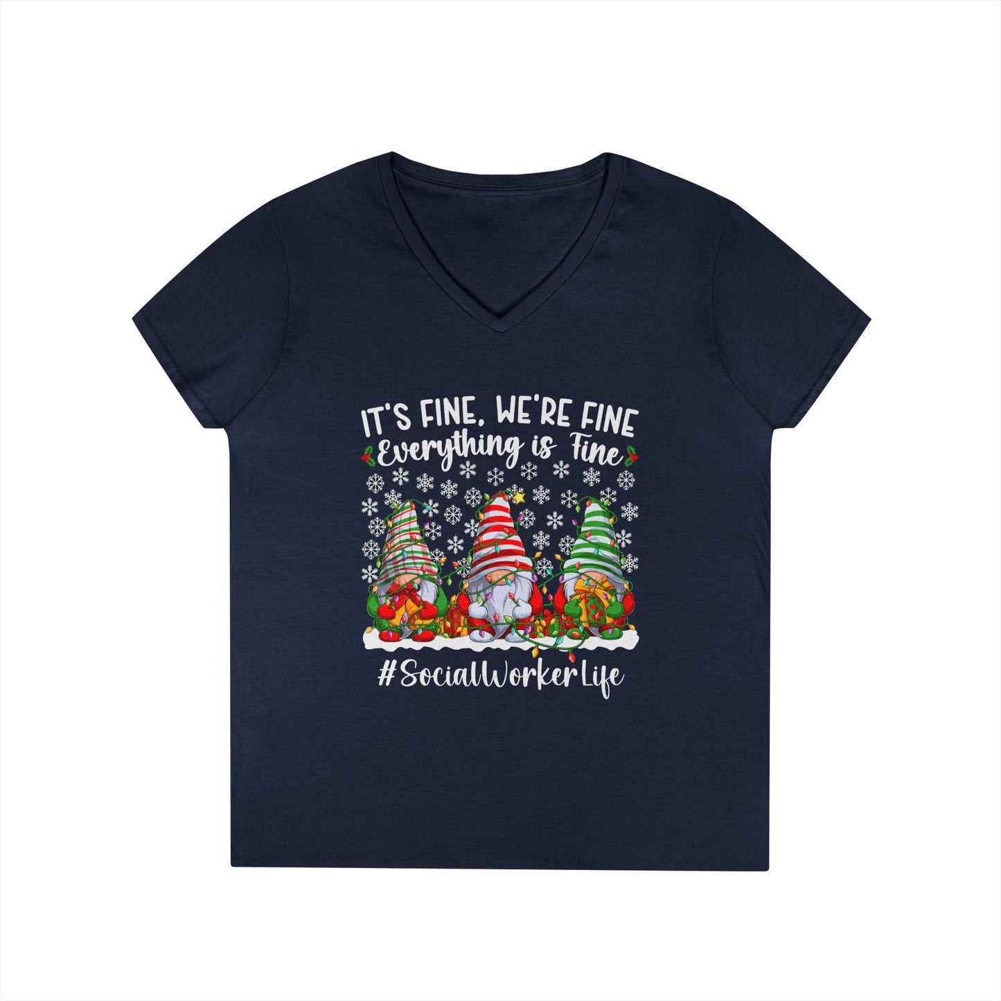 Social Worker Life Christmas V-Neck Tee — "It's Fine, We're Fine" Gnome Holiday Shirt
