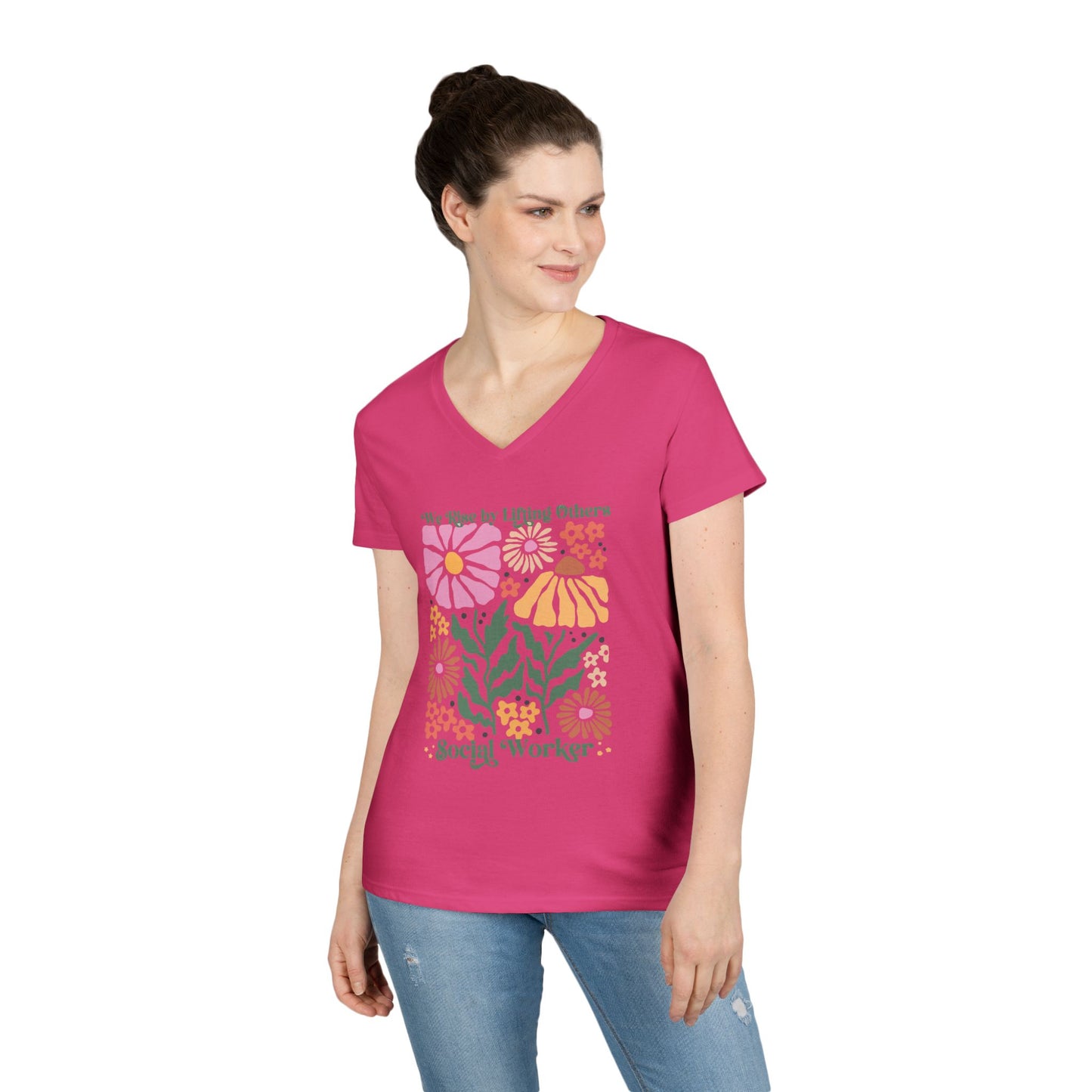 Social Worker Floral V-Neck T‑Shirt — "We Rise by Lifting Others"