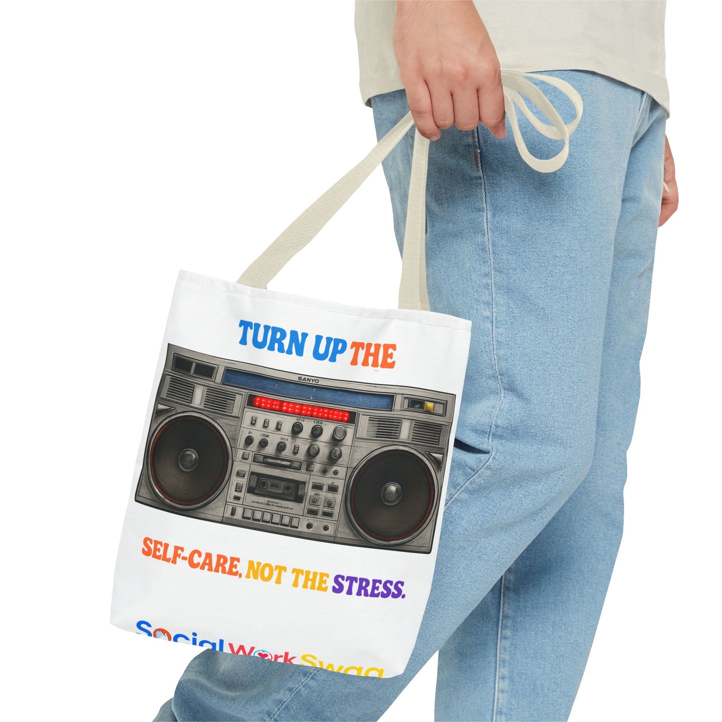 Turn Up the Self-Care Tote Bag — Retro Boombox 'Self-Care, Not the Stress' (Mental Health/Social Worker)