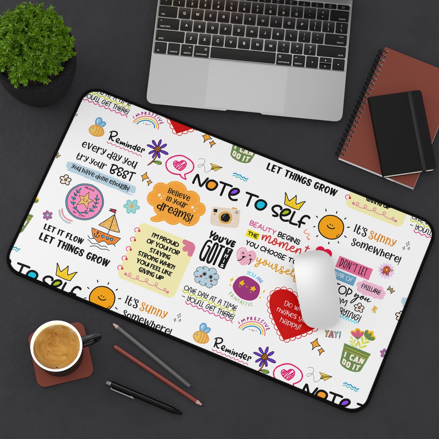 Inspirational Notes Desk Mat — Colorful Motivational Workspace Pad (Mental Health/Social Worker)