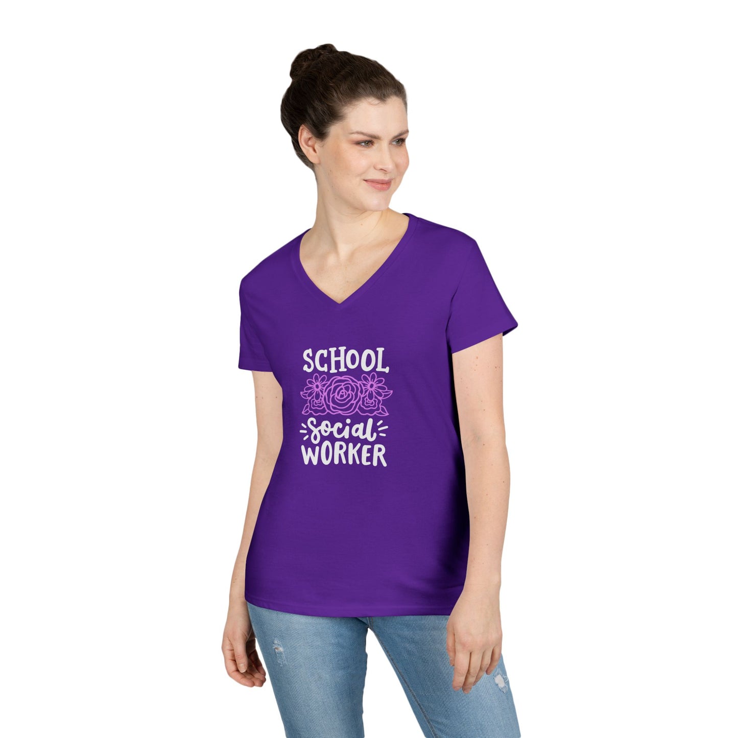 School Social Worker Ladies' V-Neck T-Shirt — Pink Floral Appreciation Gift