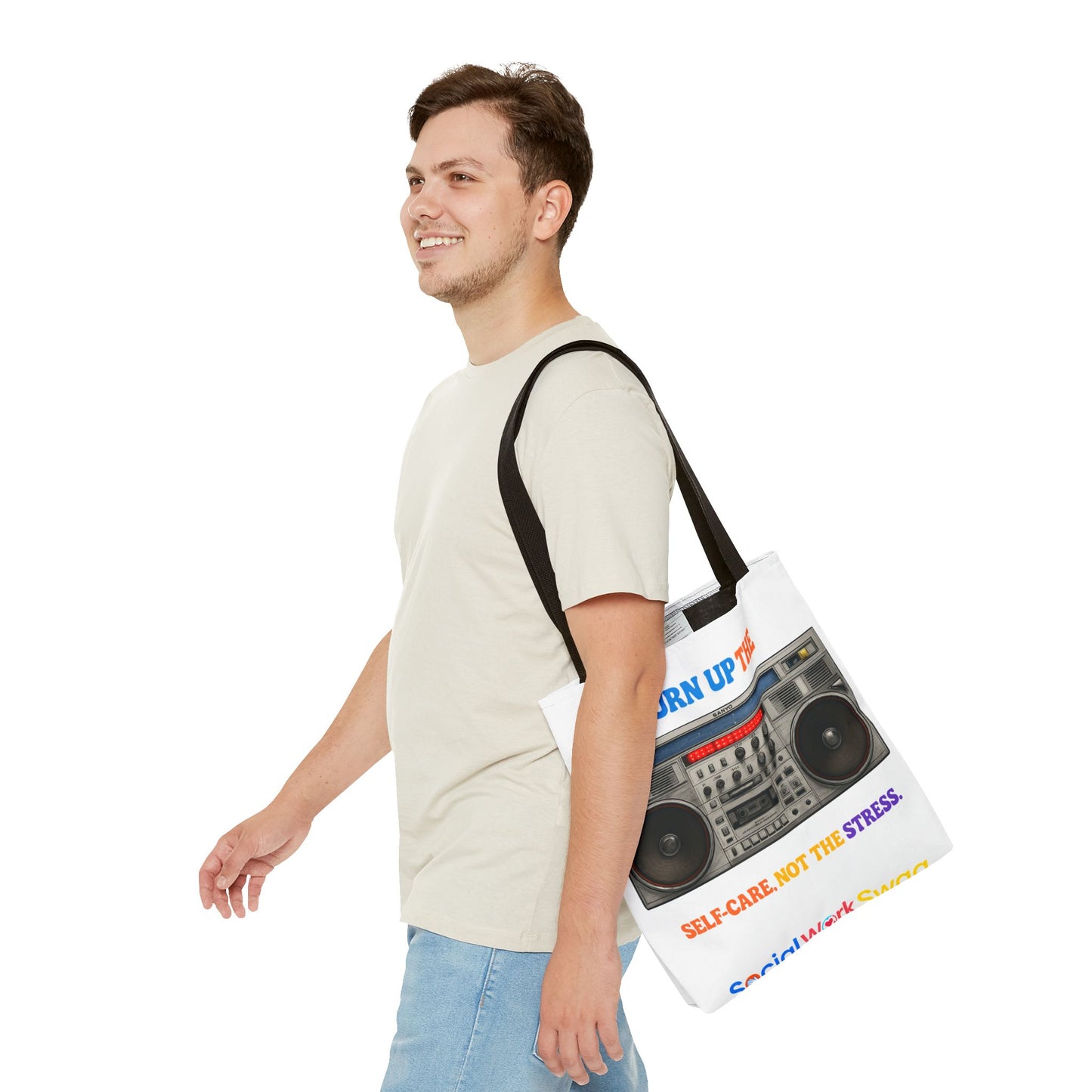 Turn Up the Self-Care Tote Bag — Retro Boombox 'Self-Care, Not the Stress' (Mental Health/Social Worker)