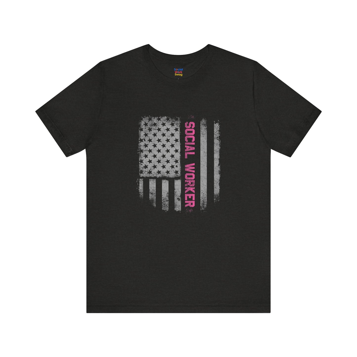 Unisex-Social Worker American Flag T-Shirt — Distressed Gray & Pink Honor Tee