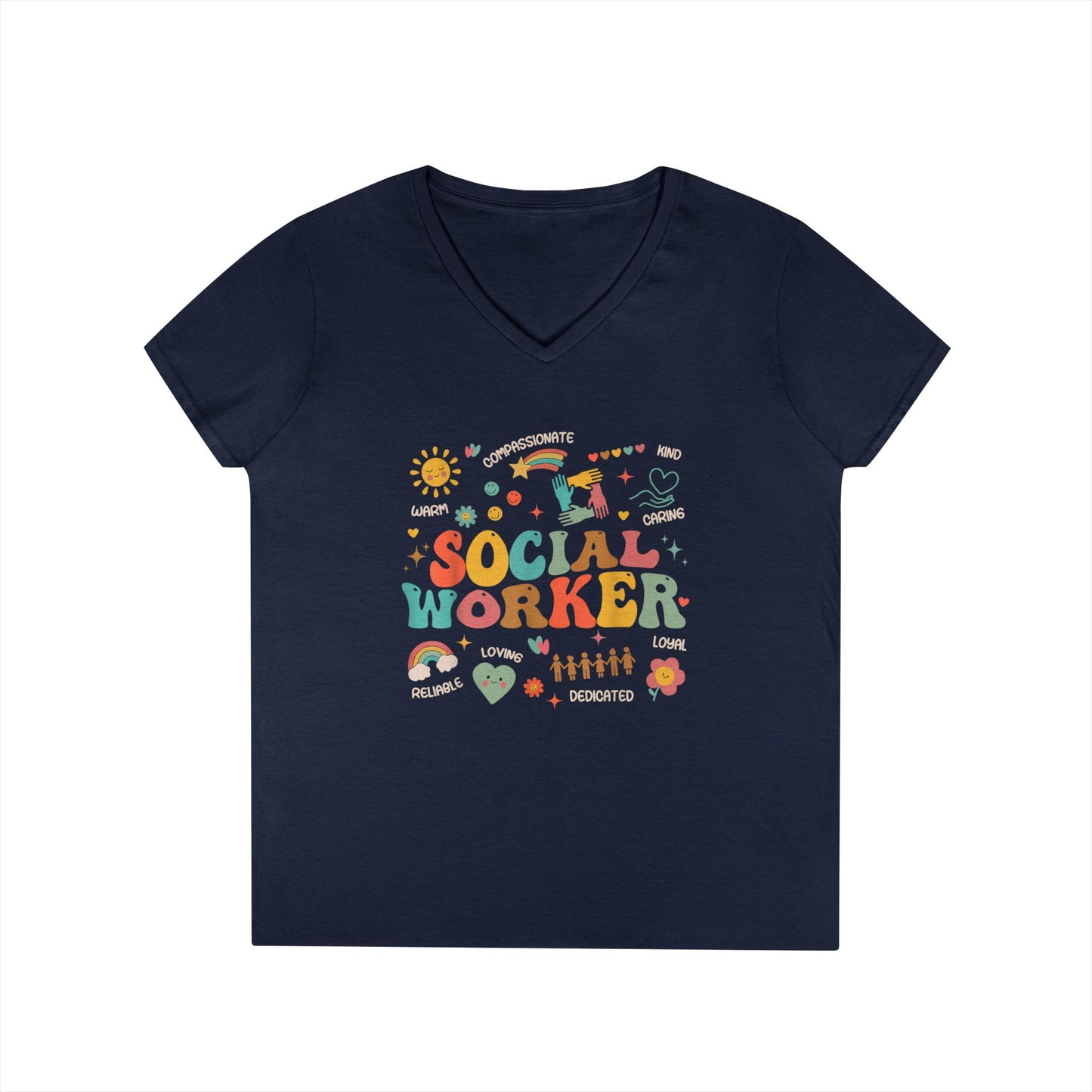 Ladies' V-Neck T-Shirt — Colorful 'October' Retro Fall Graphic Tee - Social Worker