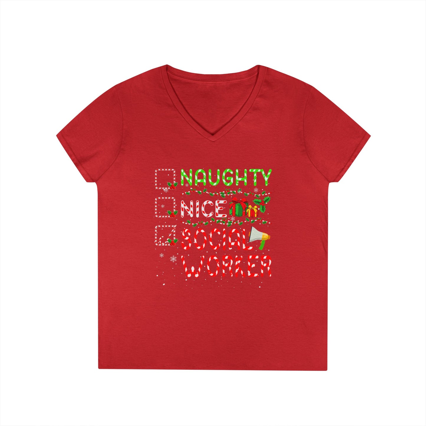 Social Worker Christmas V-Neck T-Shirt — Naughty Nice Social Worker Holiday Tee