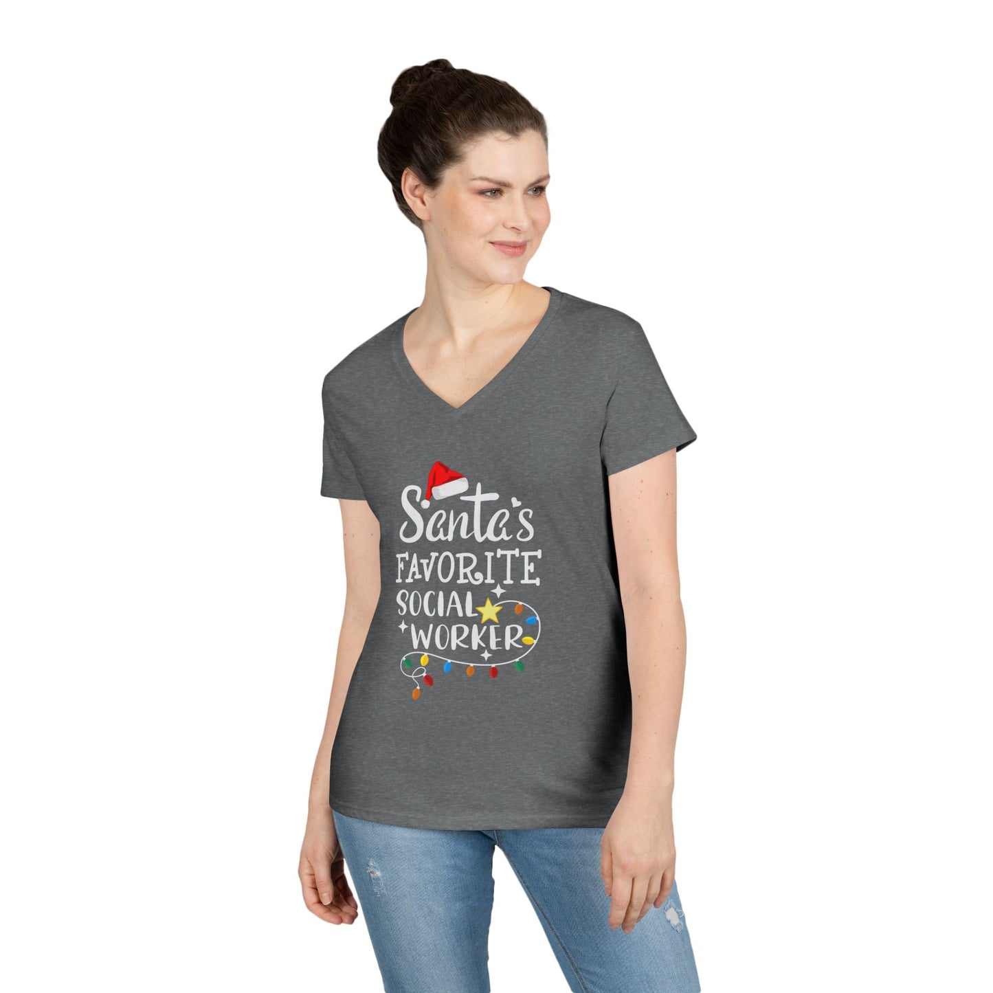Santa’s Favorite Social Worker V-Neck Tee — Christmas Holiday Gift for Female Social Workers