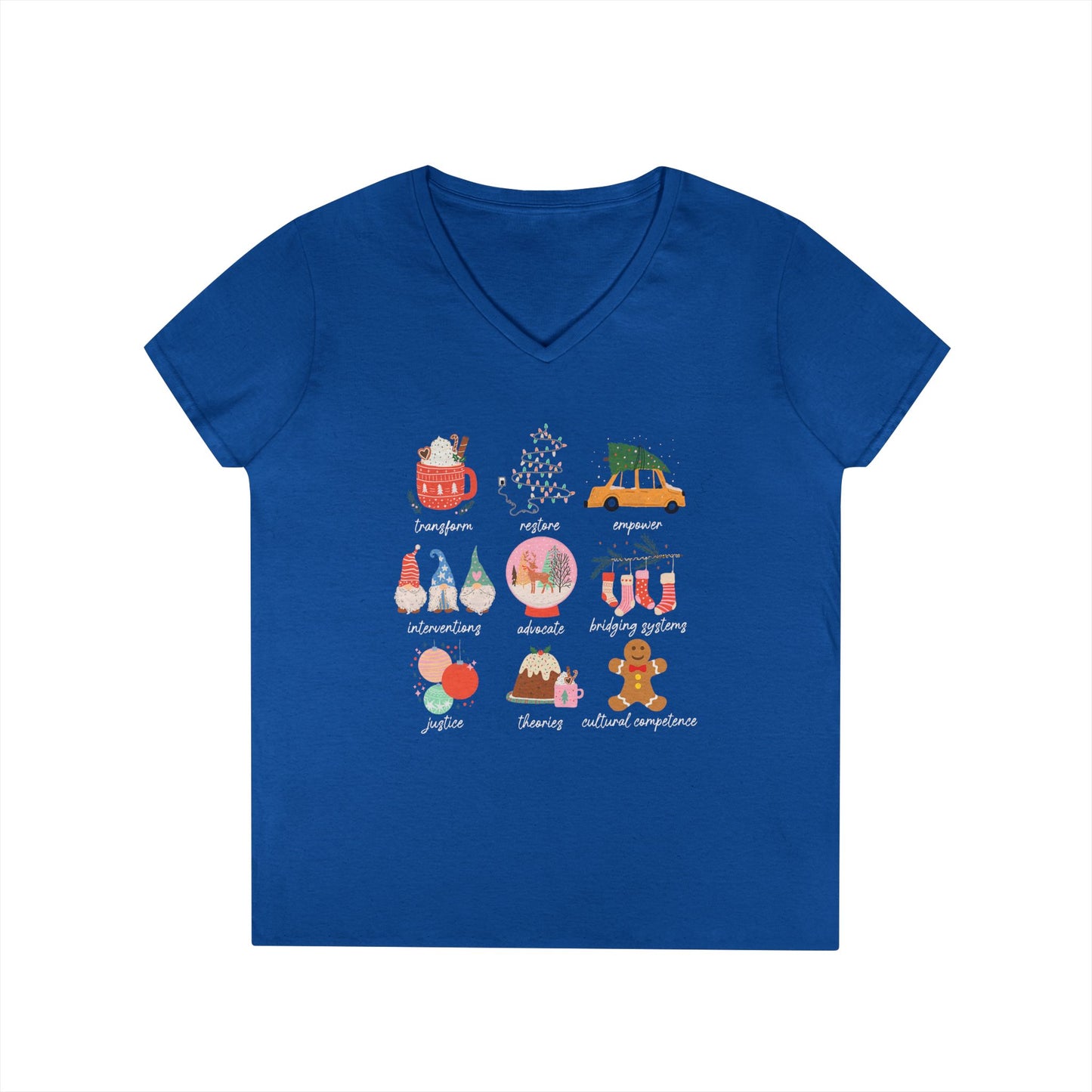 Christmas Icons Ladies' V-Neck T-Shirt — Cute Holiday Graphic Tee (Santa, Tree, Ornaments)
