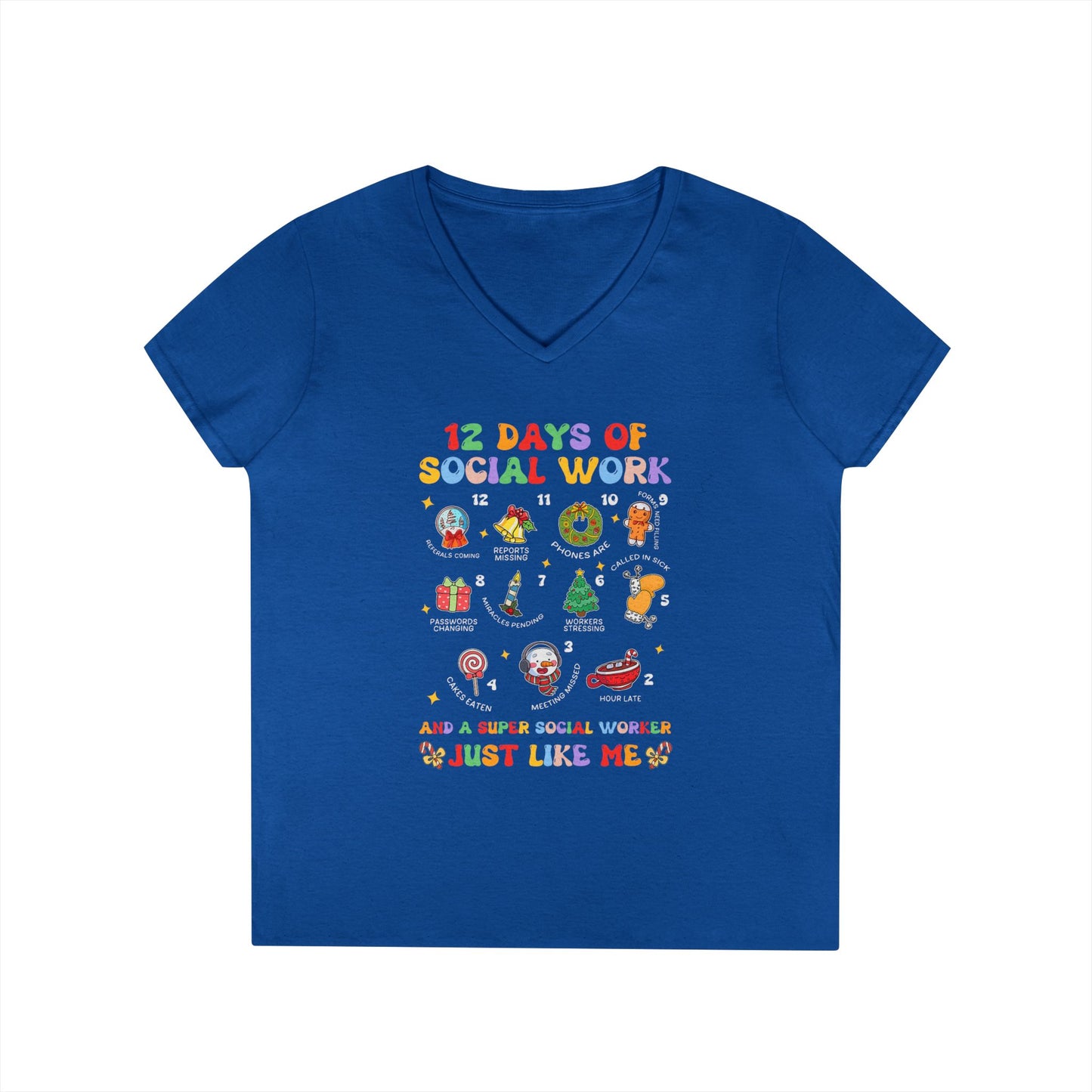 Ladies' V-Neck T-Shirt — "12 Days of Social Work" Holiday Graphic Tee