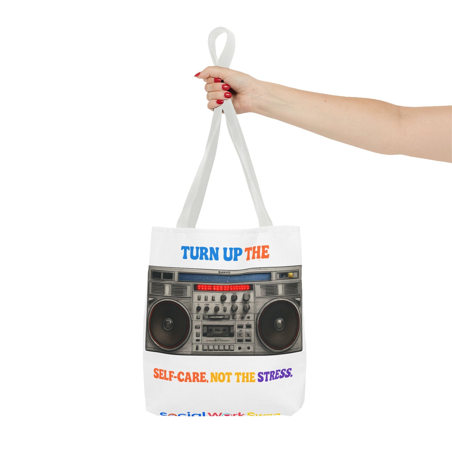 Turn Up the Self-Care Tote Bag — Retro Boombox 'Self-Care, Not the Stress' (Mental Health/Social Worker)
