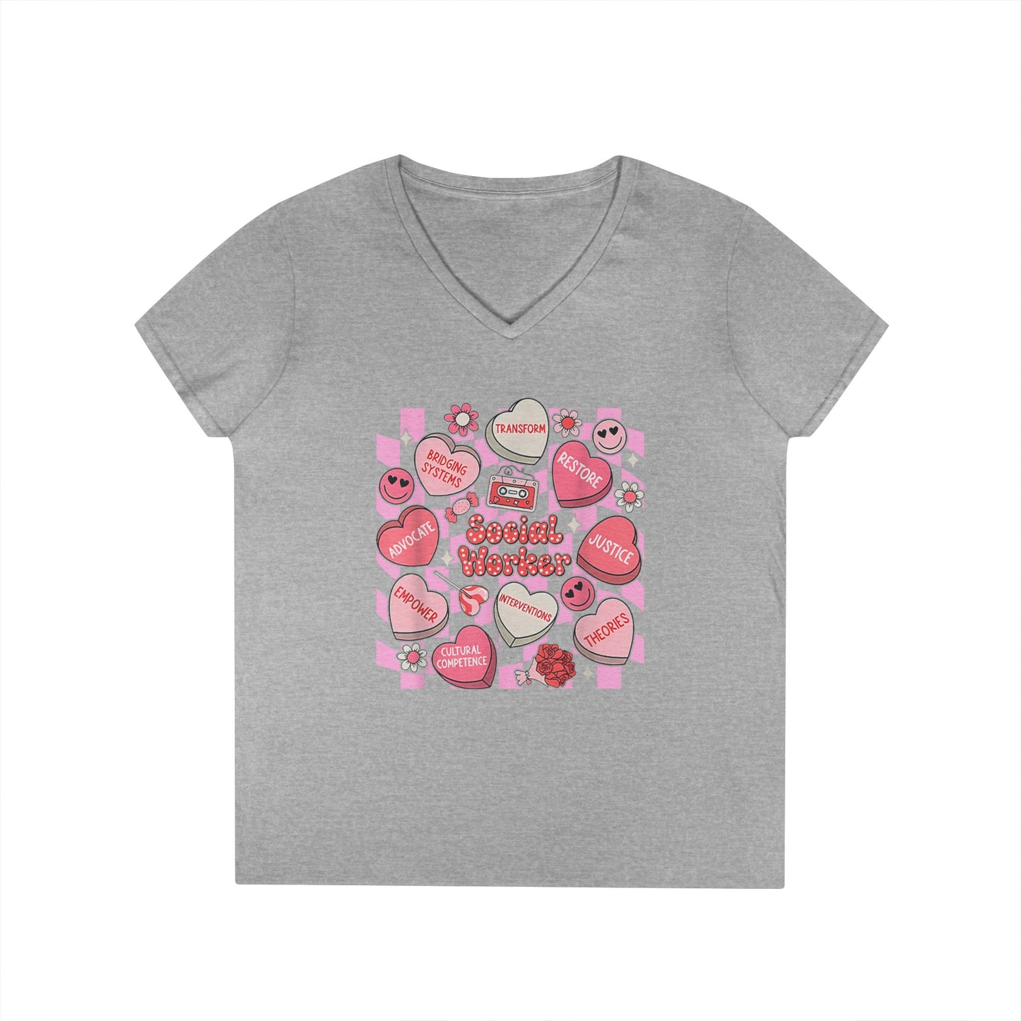 Valentine Candy Hearts Ladies' V-Neck T-Shirt — Sweetheart Messages Graphic Tee - Social Worker