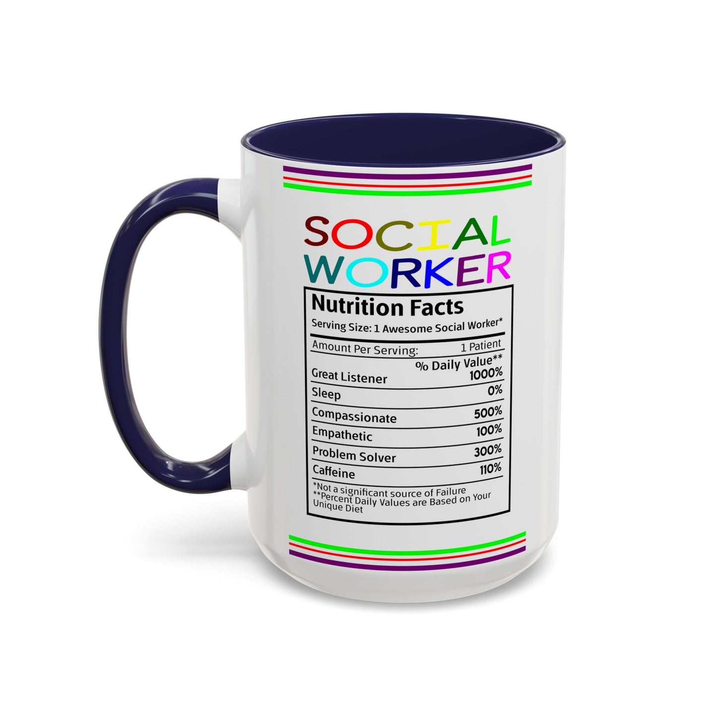Social Worker Coffee Mug — Colorful Accent Mug with ‘Social Worker Ingredients’ Text (15oz)
