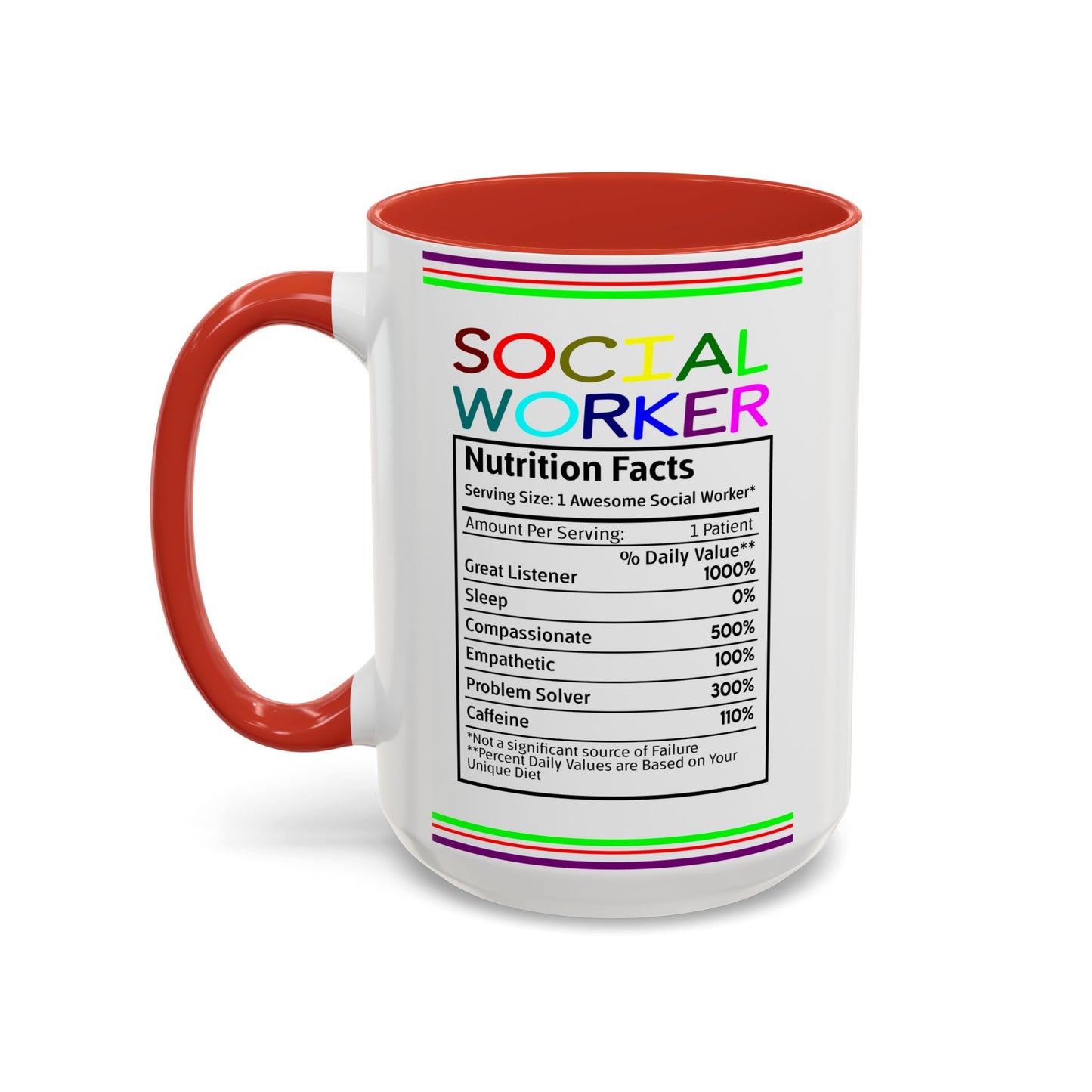Social Worker Coffee Mug — Colorful Accent Mug with ‘Social Worker Ingredients’ Text (15oz)
