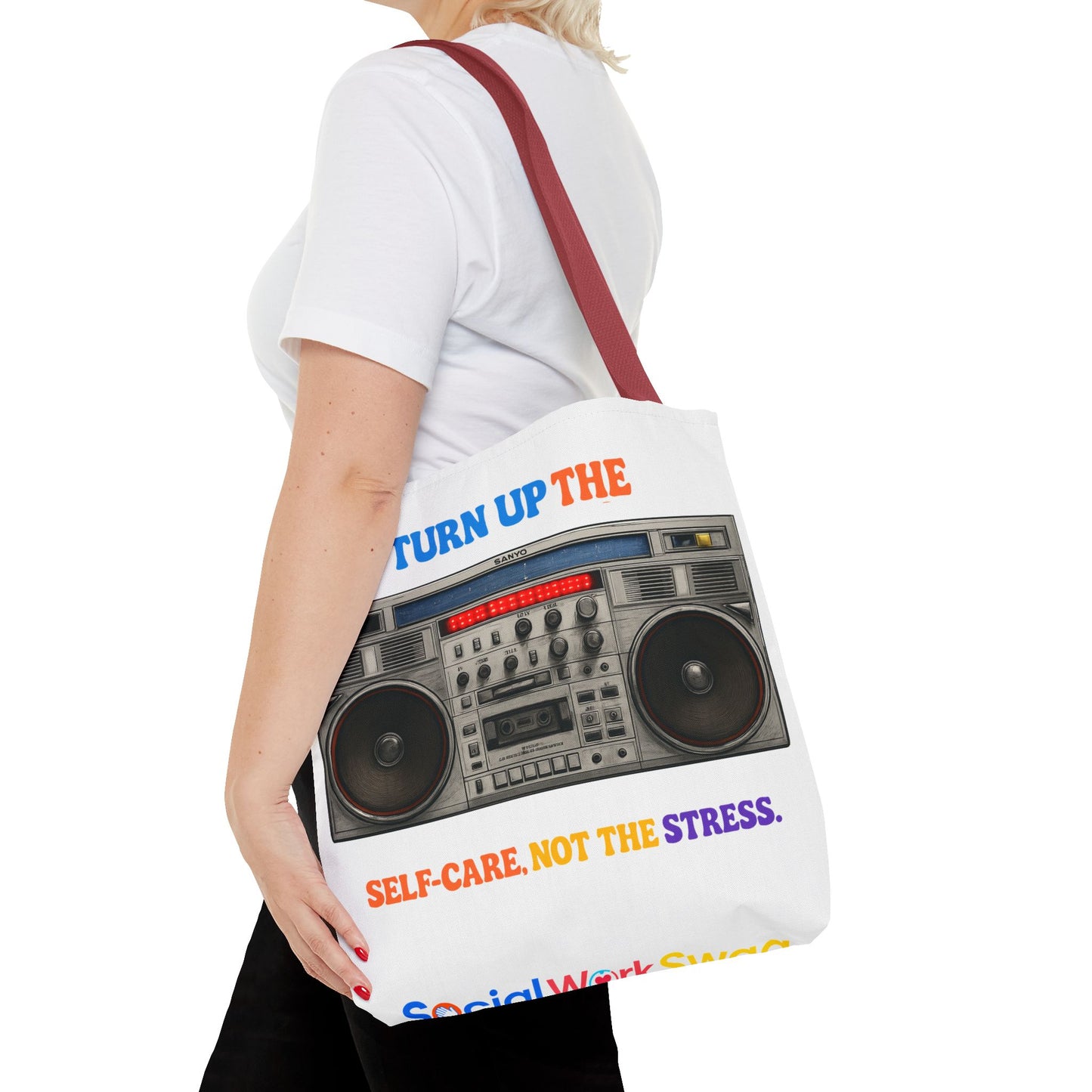 Turn Up the Self-Care Tote Bag — Retro Boombox 'Self-Care, Not the Stress' (Mental Health/Social Worker)