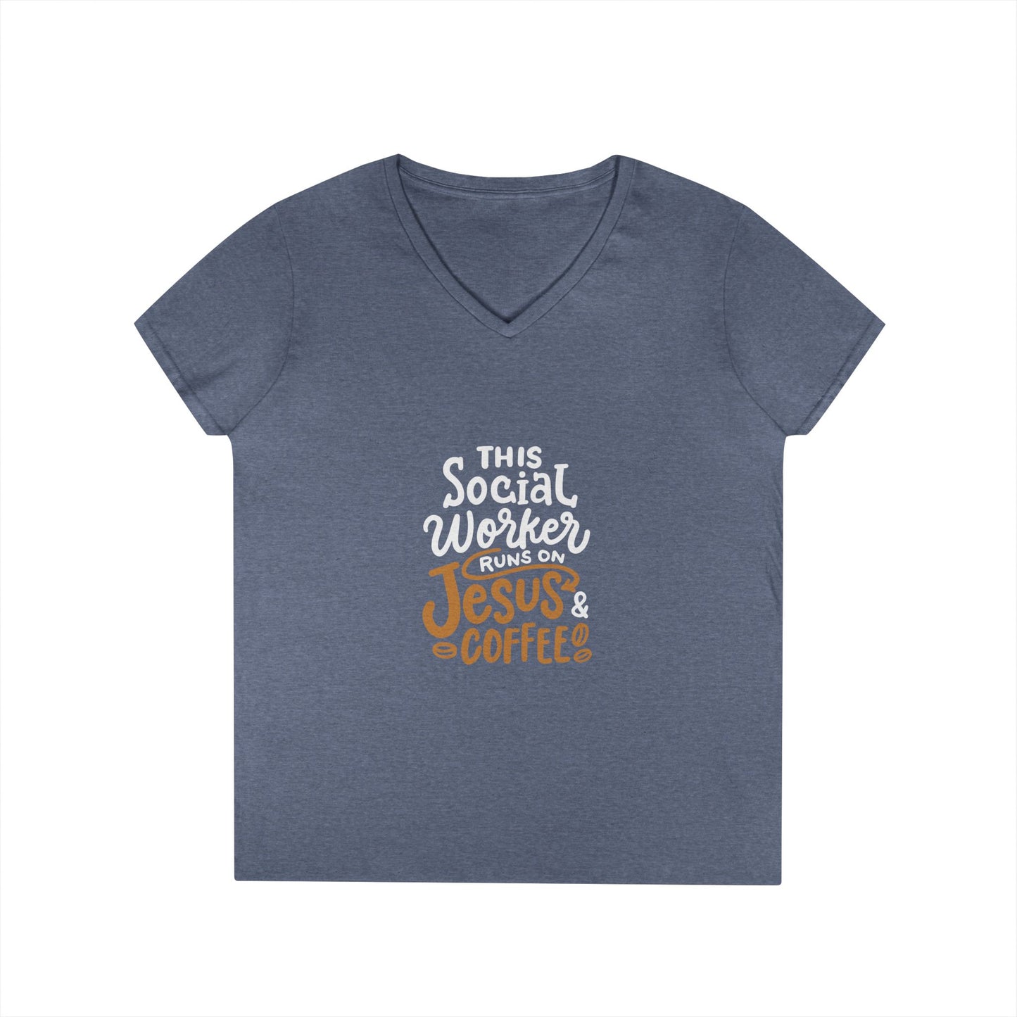 Ladies' V-Neck T-Shirt — "This Social Worker Runs on Jesus & Coffee" Christian Social Worker Tee
