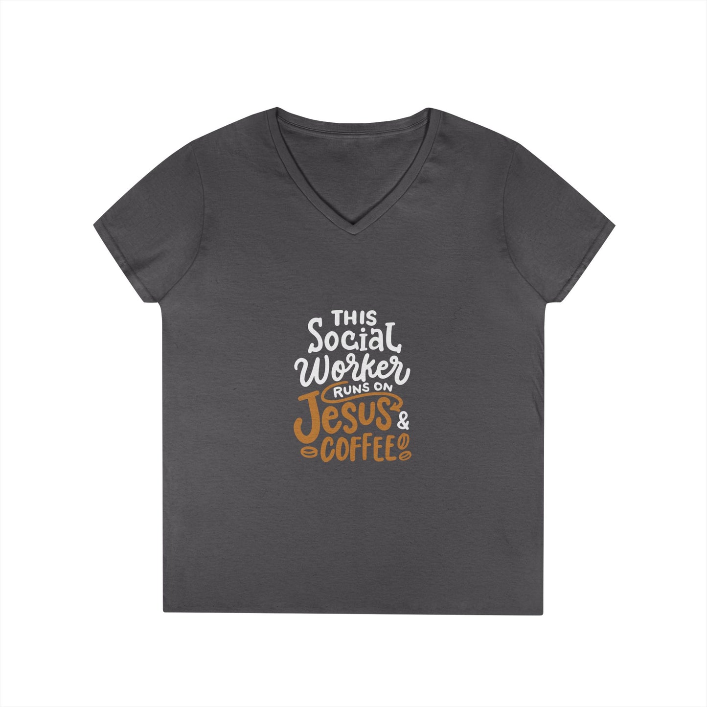Ladies' V-Neck T-Shirt — "This Social Worker Runs on Jesus & Coffee" Christian Social Worker Tee
