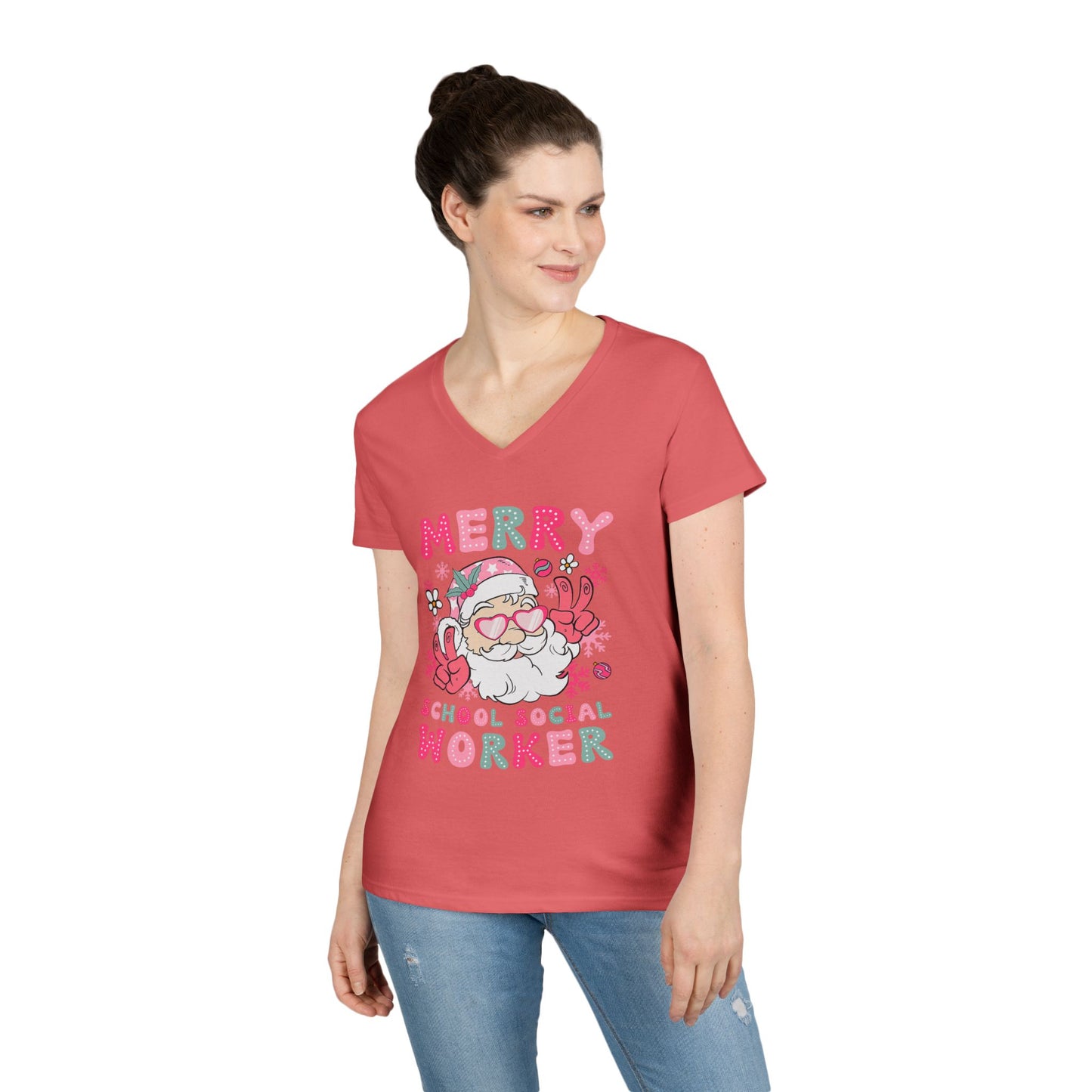 Merry School Social Worker V-Neck Tee — Cute Santa Holiday Shirt for Female Educators