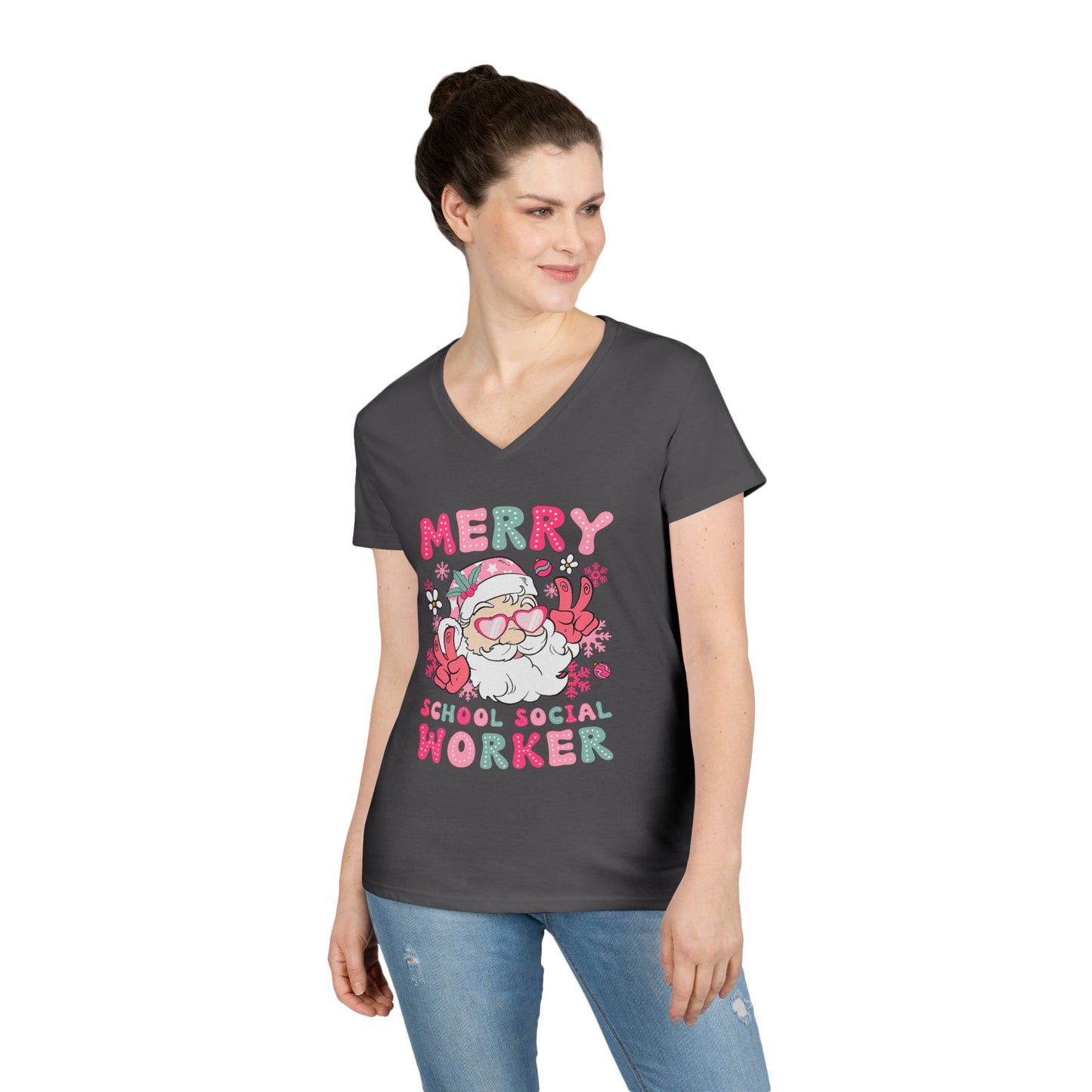 Merry School Social Worker V-Neck Tee — Cute Santa Holiday Shirt for Female Educators