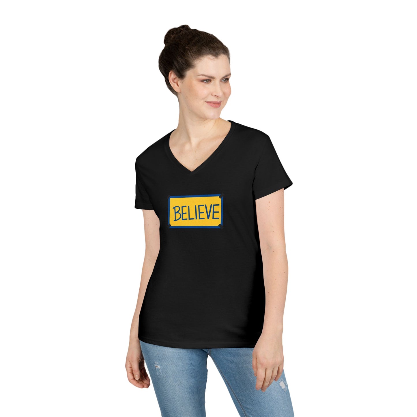 Believe Ladies' V-Neck Tee — Inspirational Graphic T-Shirt for Women (Social Worker/Mental Health)