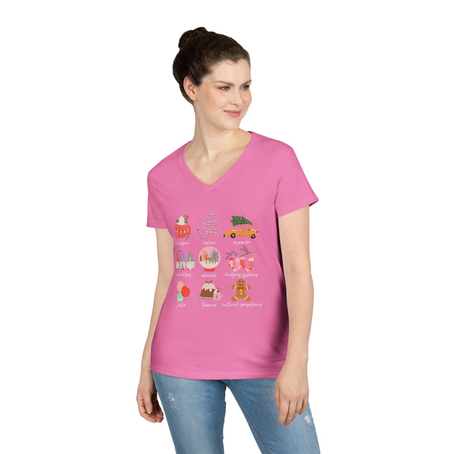 Christmas Icons Ladies' V-Neck T-Shirt — Cute Holiday Graphic Tee (Santa, Tree, Ornaments)