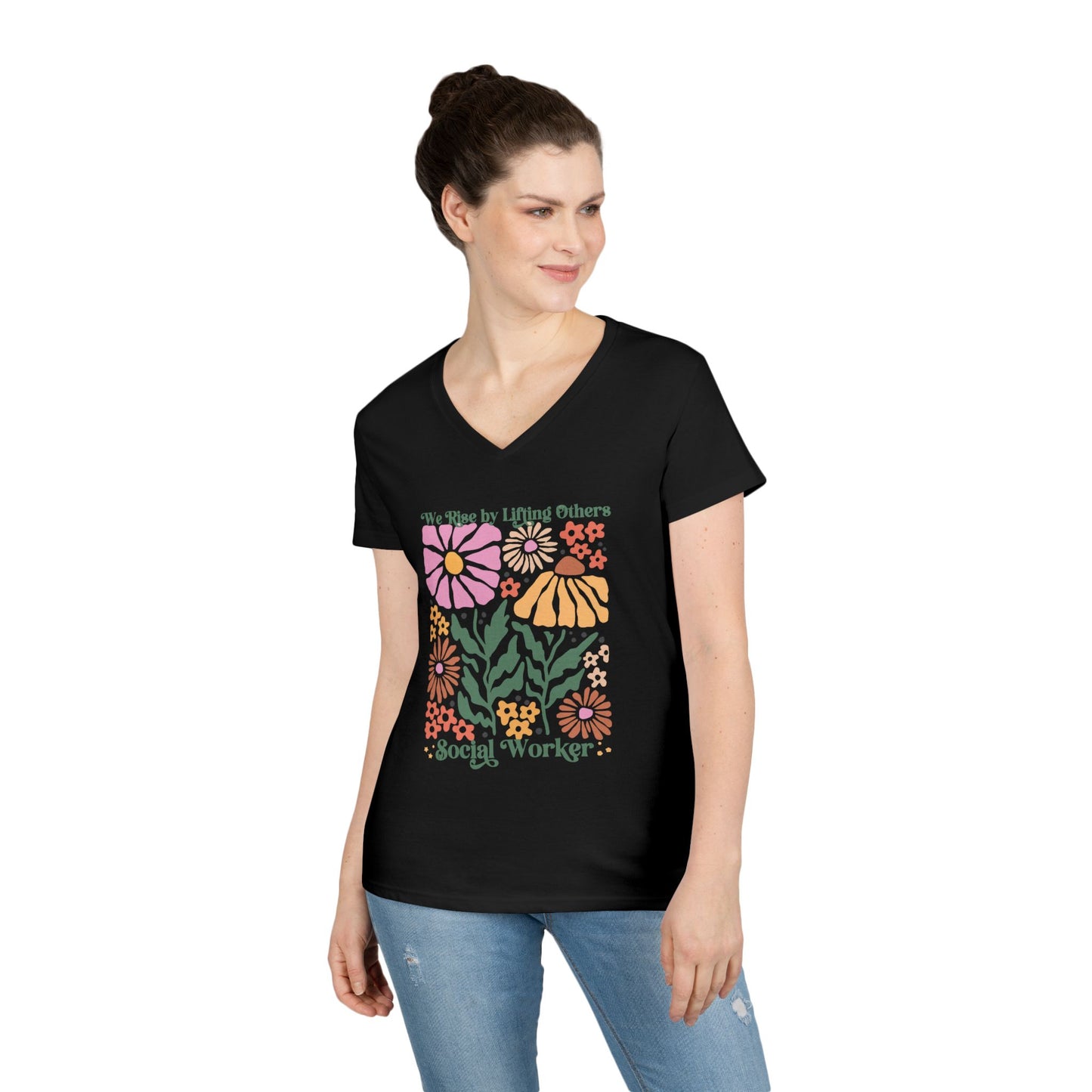 Social Worker Floral V-Neck T-Shirt — "She Chooses to Uplift Others"