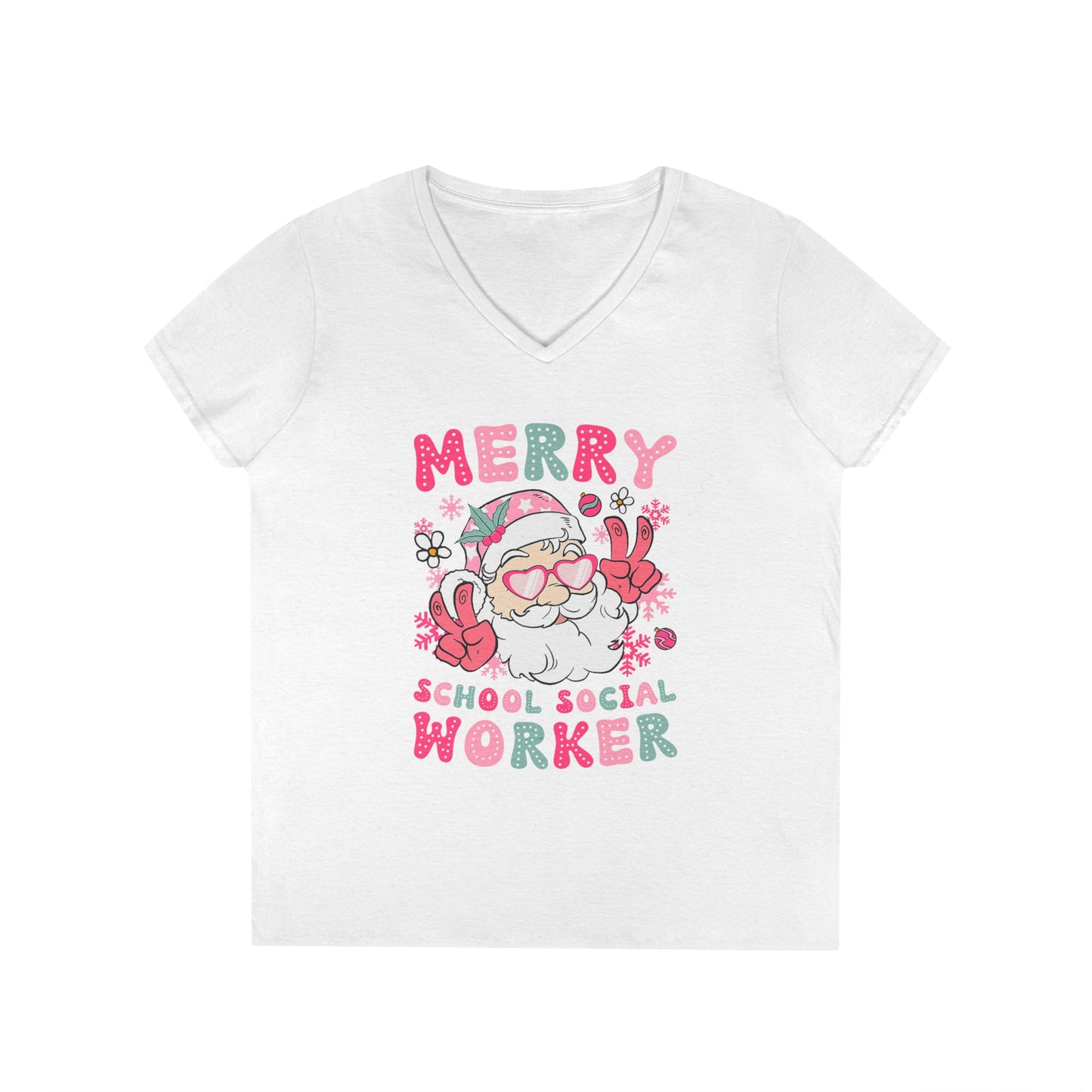Merry School Social Worker V-Neck Tee — Cute Santa Holiday Shirt for Female Educators