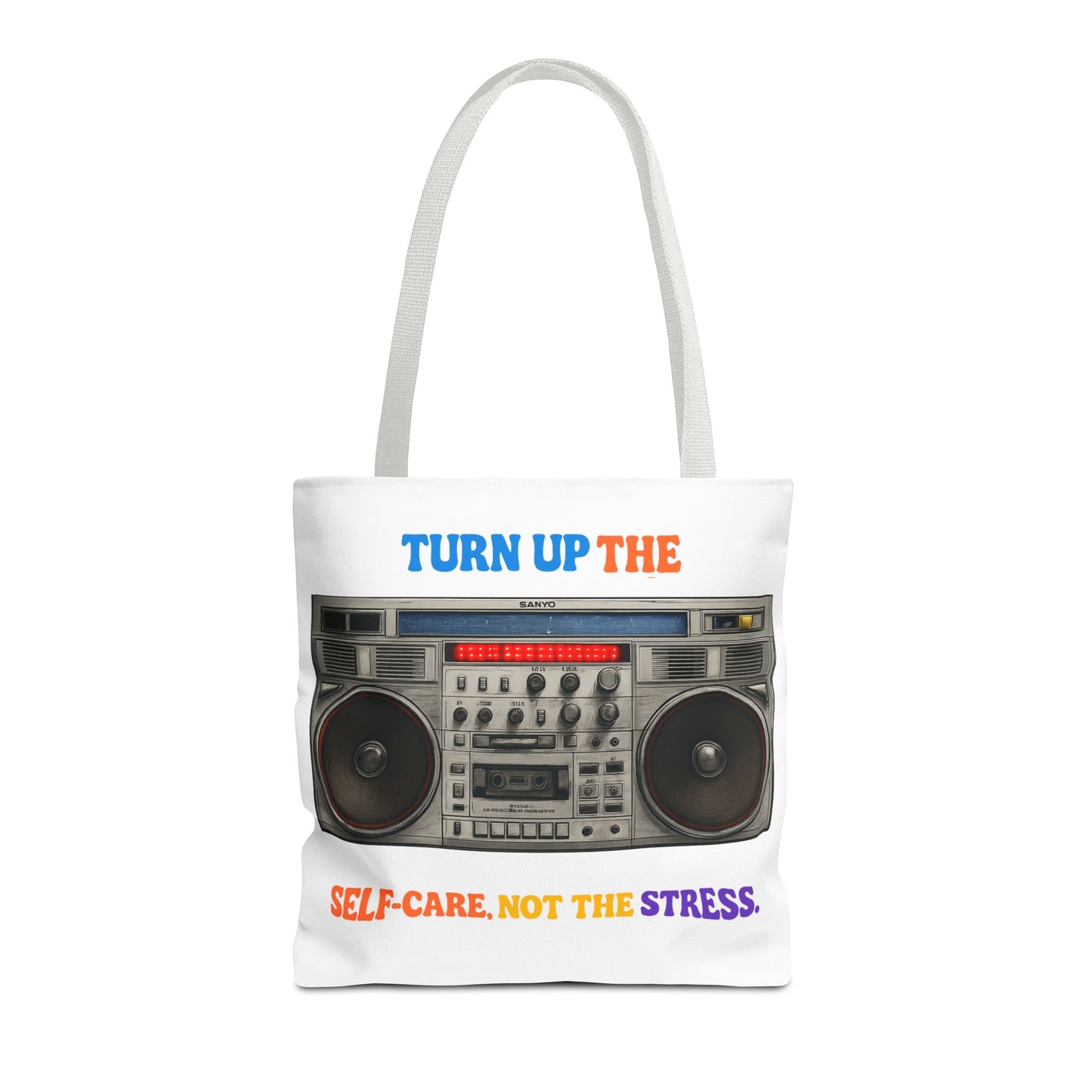 Turn Up the Self-Care Tote Bag — Retro Boombox 'Self-Care, Not the Stress' (Mental Health/Social Worker)