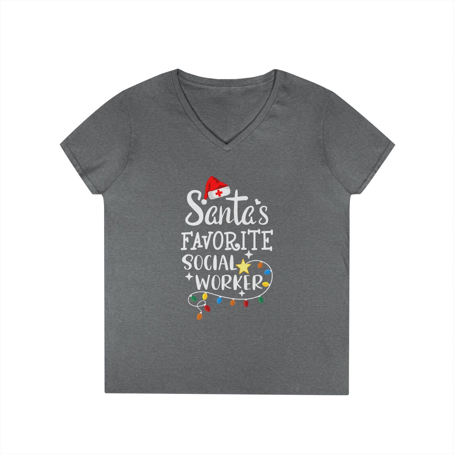 Christmas V-Neck Tee — "Santa’s Favorite Social Worker" Holiday T-Shirt - Medical Social Work